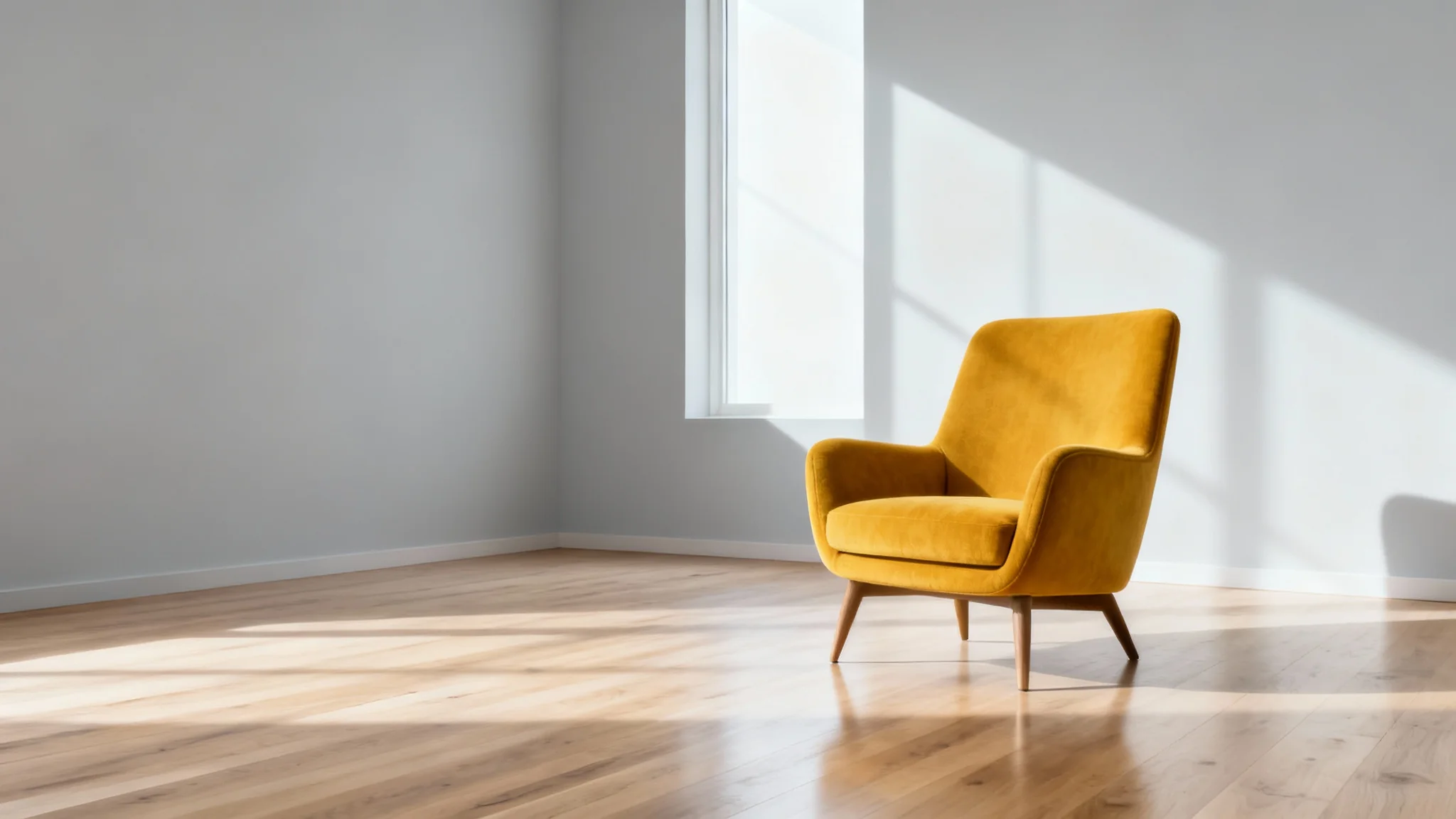 A minimalist living room is shown half-empty, and half-furnished with a single, elegant mustard yellow armchair, demonstrating the concept of adding furniture to a space.