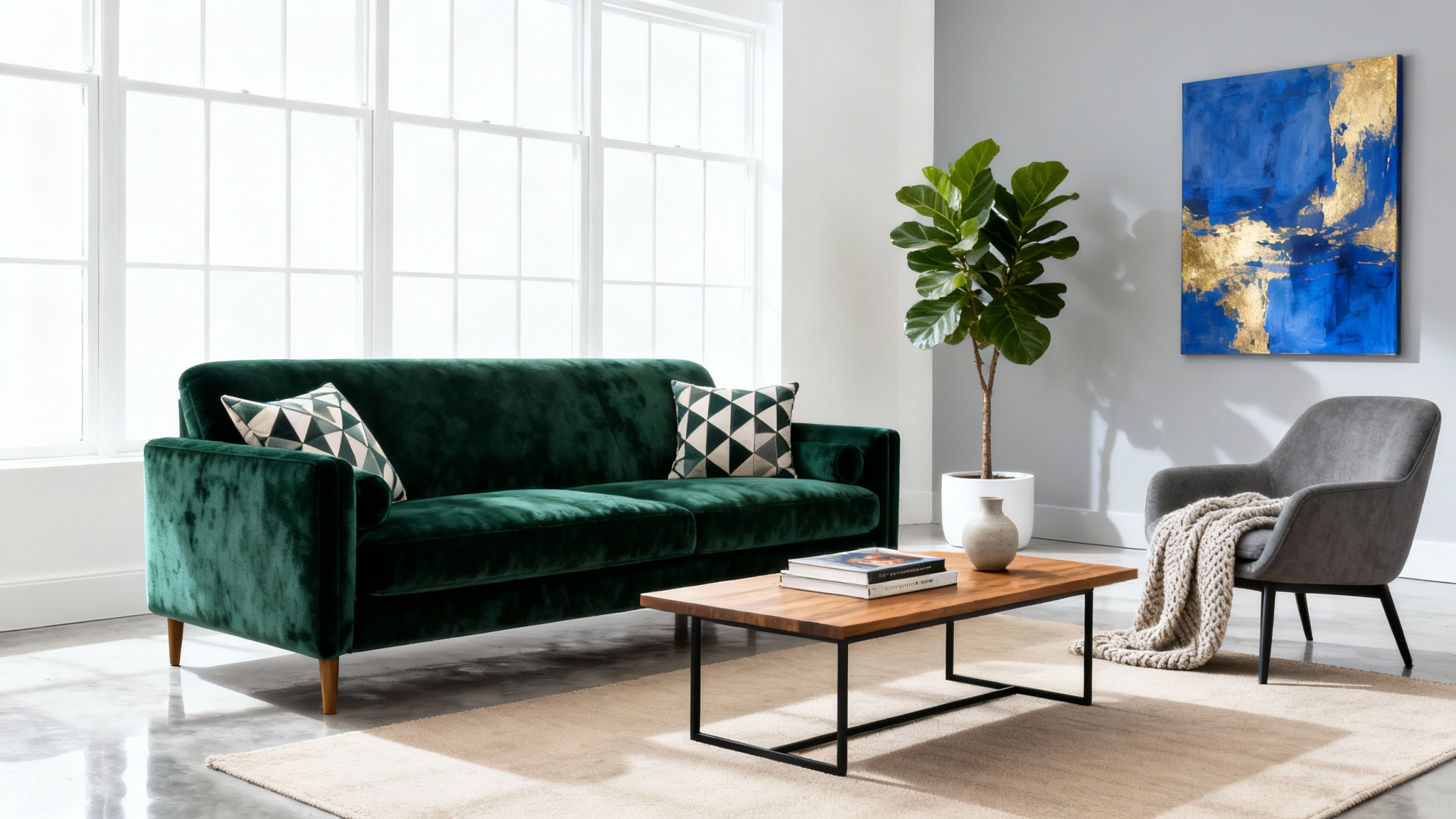 A beautifully furnished modern living room with an emerald green sofa, a coffee table, and an accent chair, showcased against a white background.