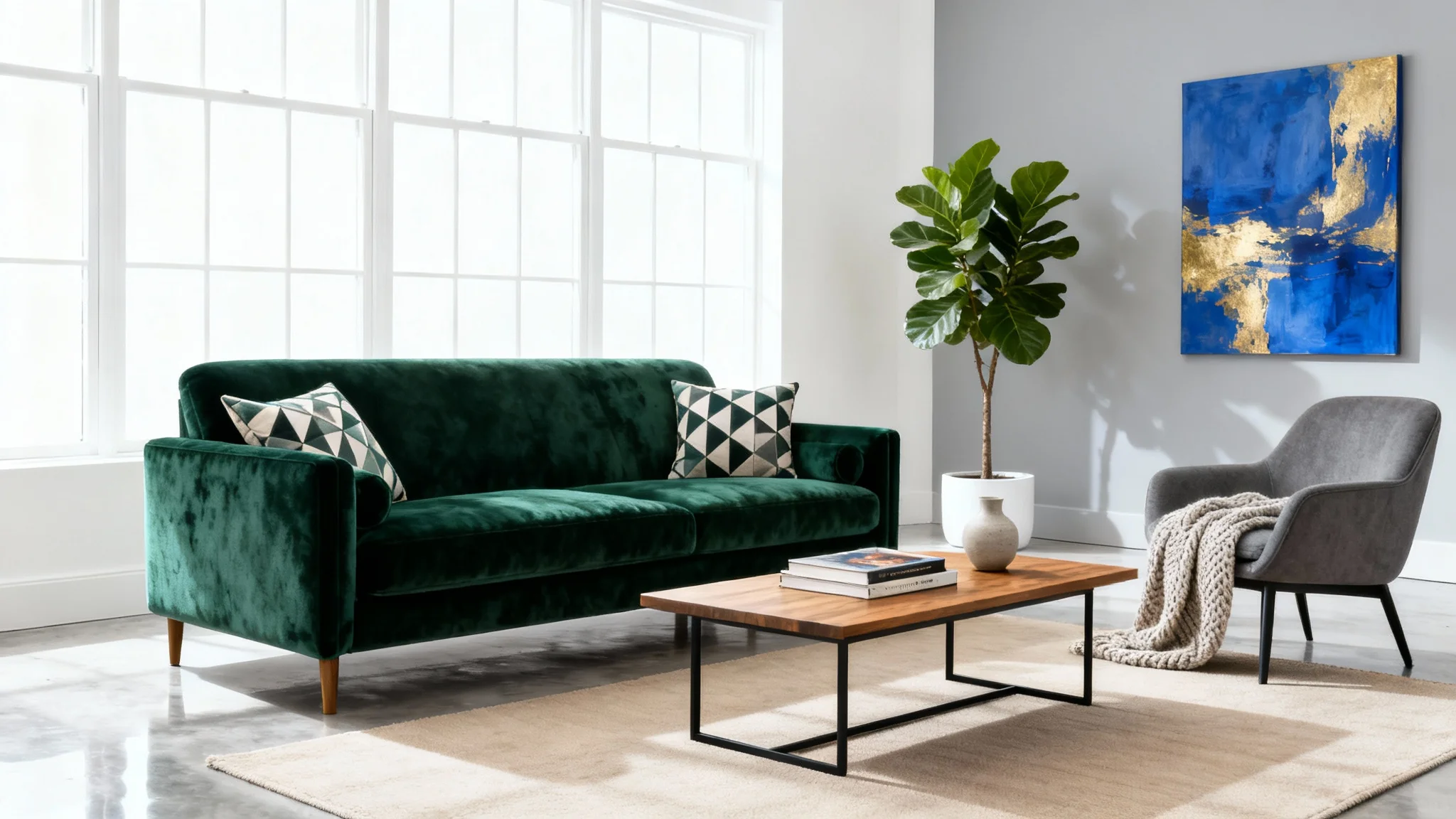 A beautifully furnished modern living room with an emerald green sofa, a coffee table, and an accent chair, showcased against a white background.