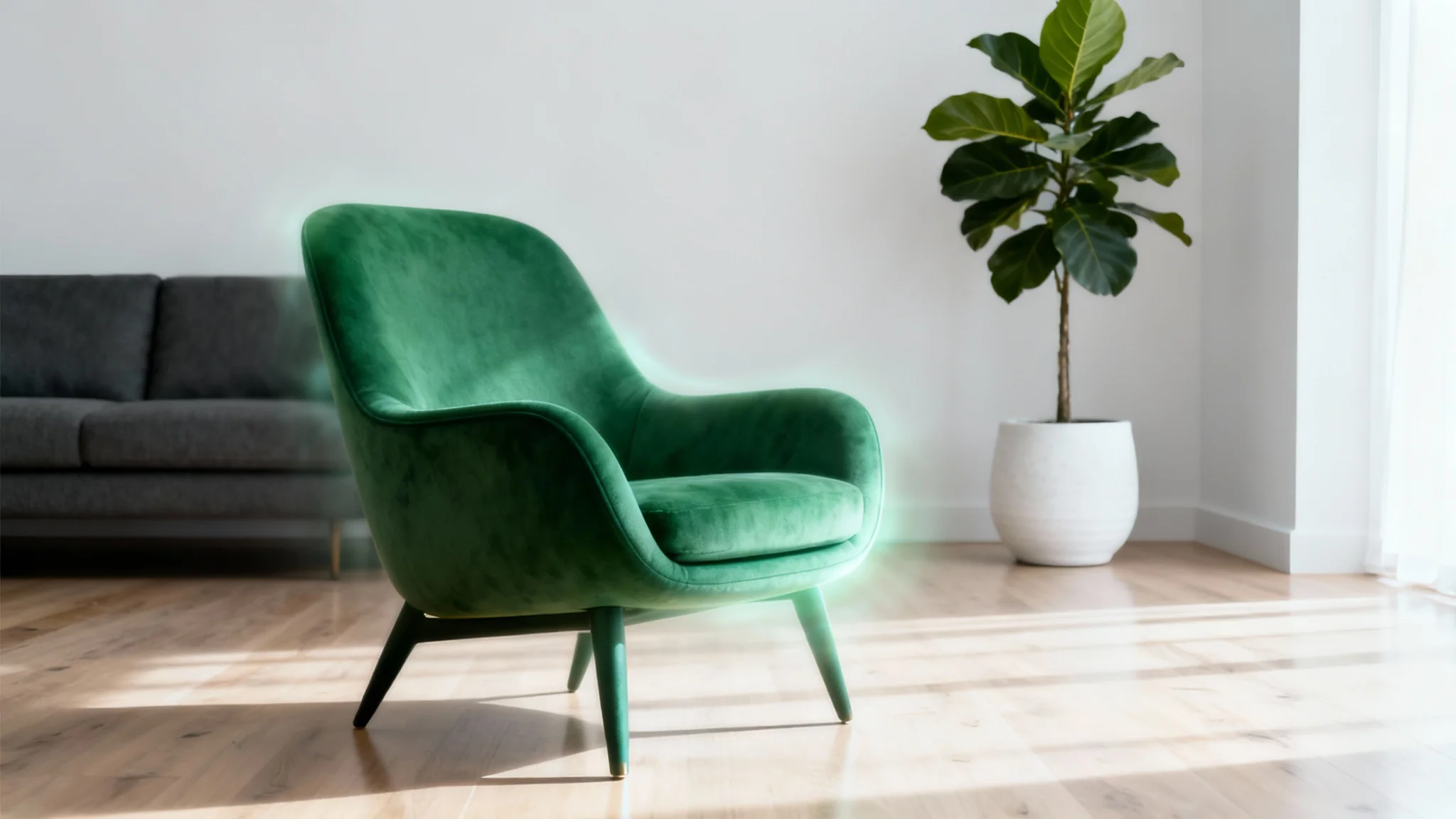A modern, minimalist living room with a stylish emerald green armchair glowing subtly, representing a newly added piece of furniture in an interior design concept.