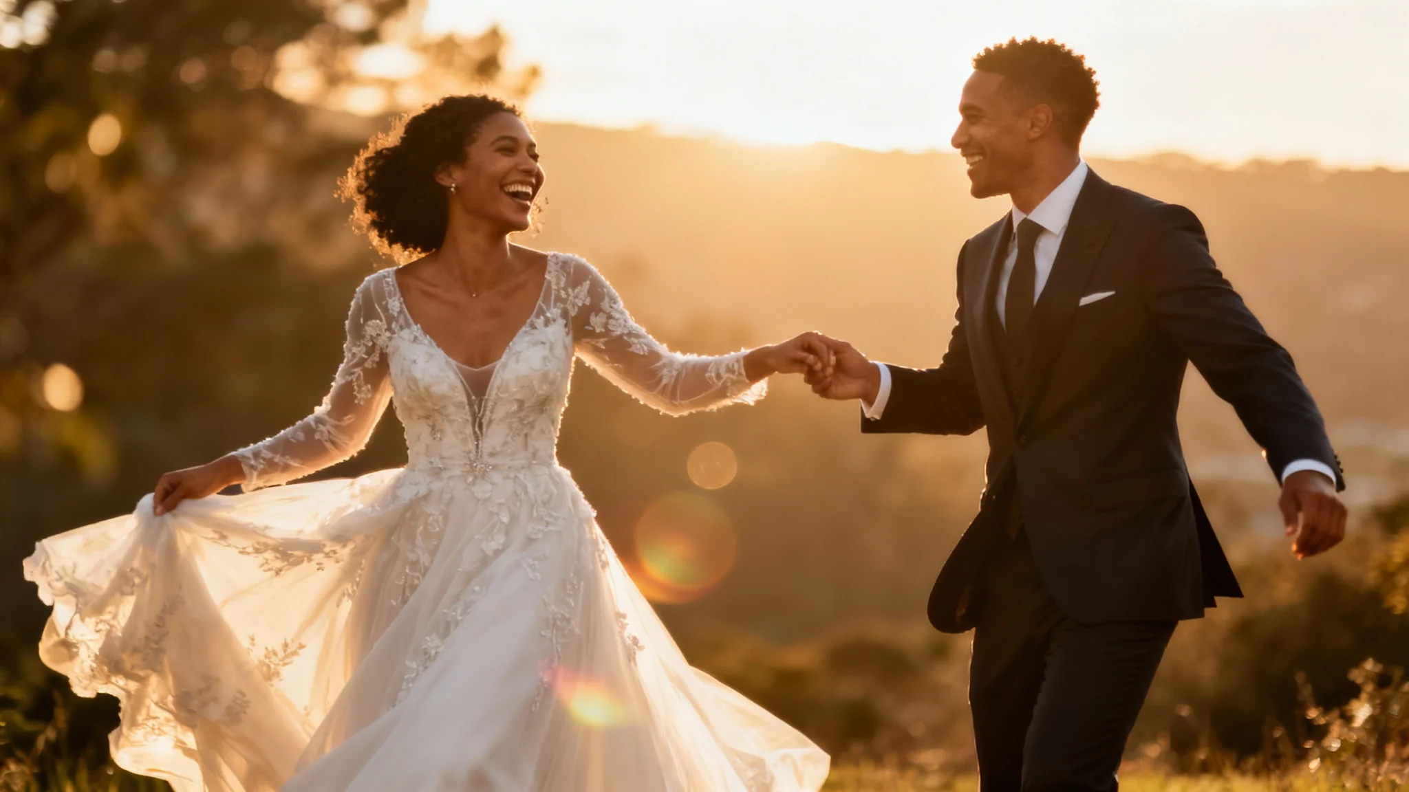 An eye-catching hero image of a professionally taken wedding photo showing a happy couple dancing outdoors at sunset, representing the beautiful final result of a photography service.