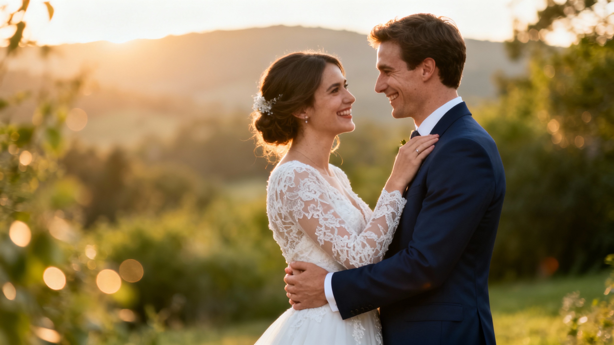 A professional wedding photograph of a happy bride and groom embracing lovingly in a beautiful outdoor setting during golden hour.