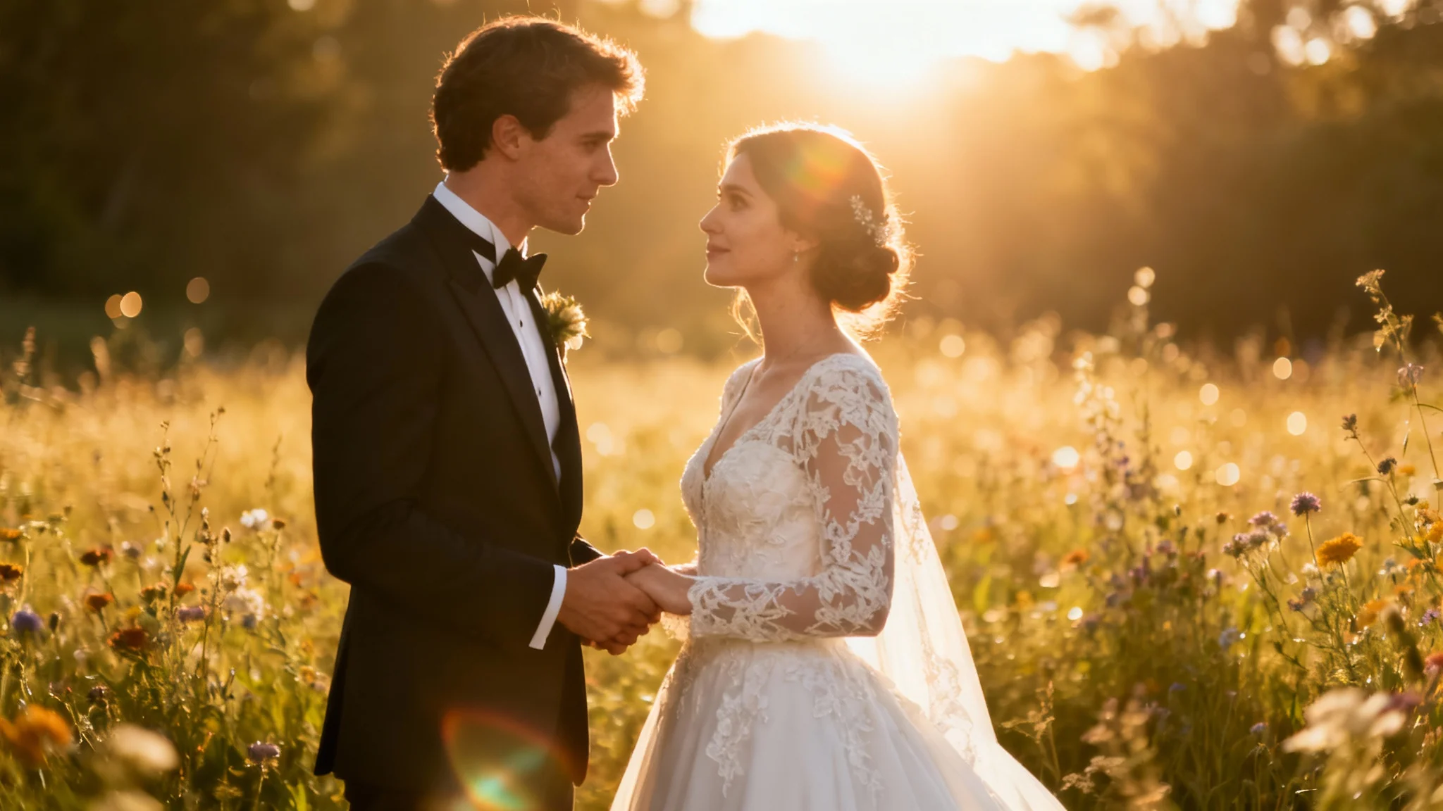 A newly married couple, the bride in a white lace dress and the groom in a tuxedo, hold hands and smile at each other in a meadow at sunset.