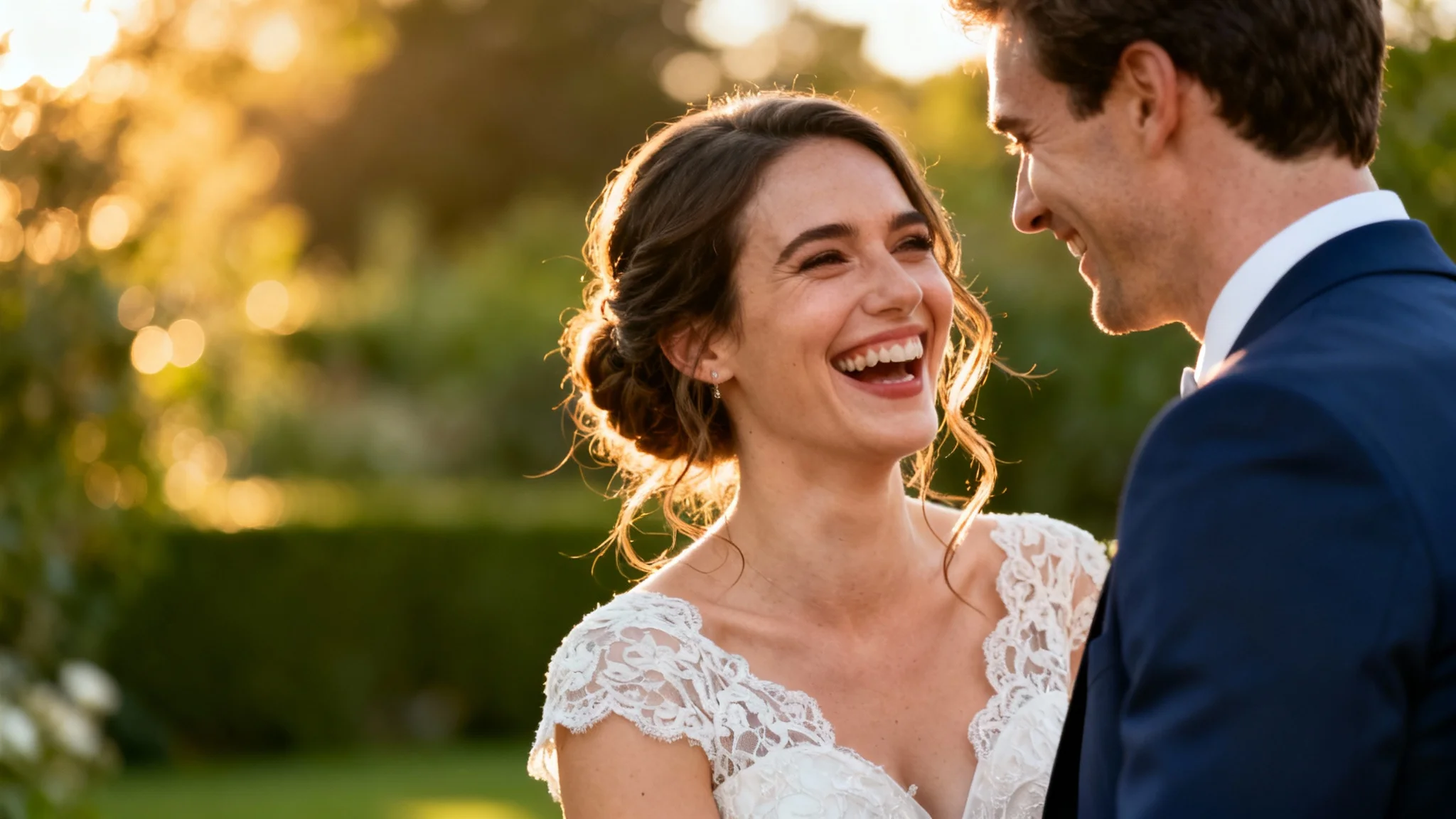 A high-quality, professional wedding photo of a bride and groom laughing together intimately in a sunlit garden, isolated against a white background.