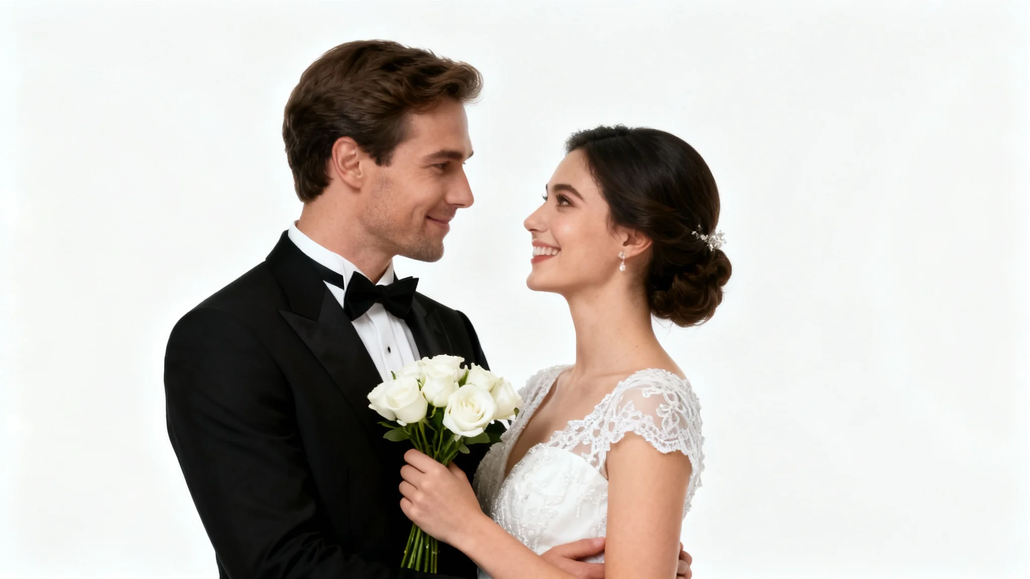 A professional wedding photograph of a happy newlywed couple embracing. The groom is in a black tuxedo and the bride is in a white lace gown holding a bouquet of roses.