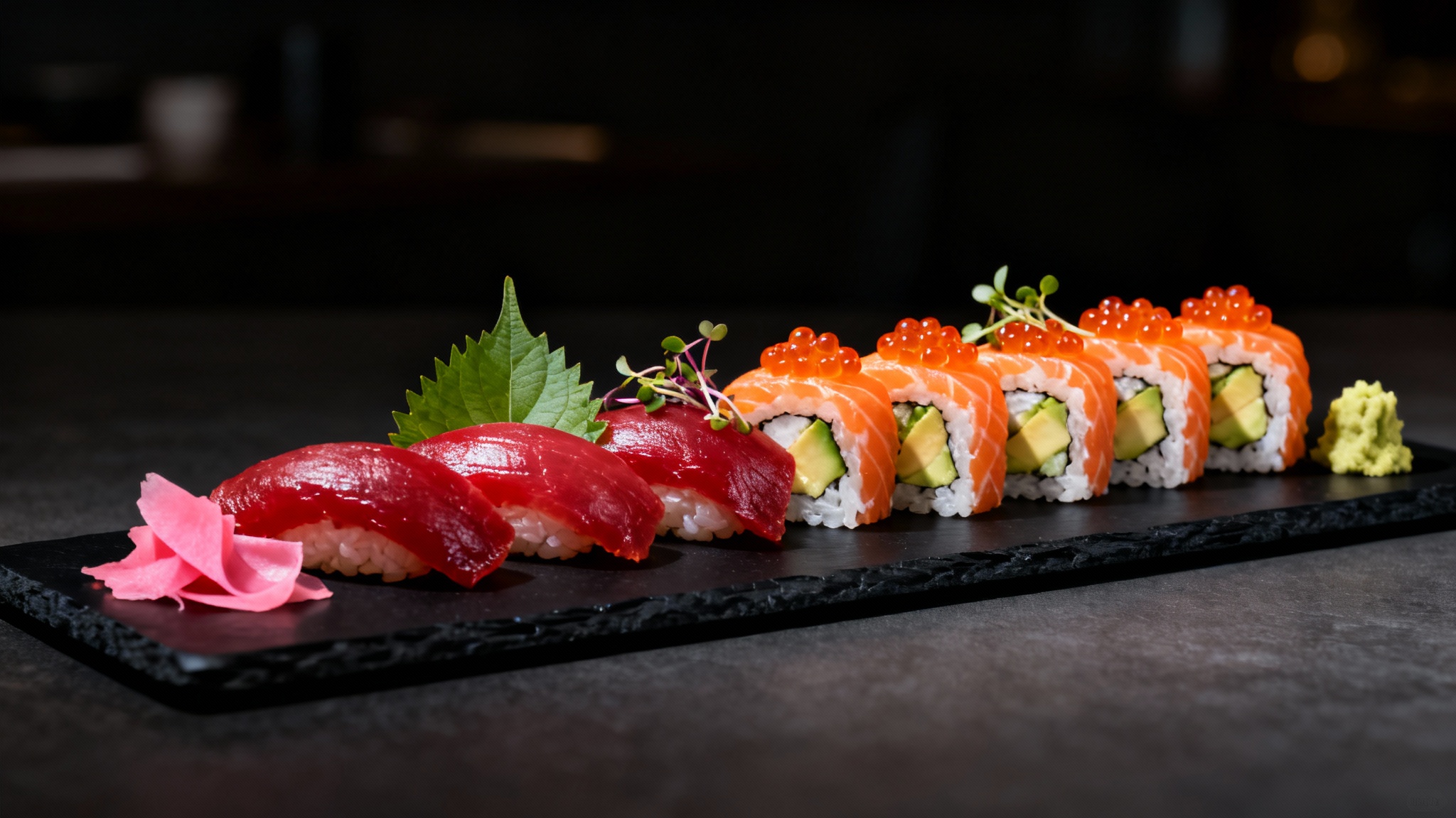 An eye-catching, professionally photographed sushi platter on a long black slate plate, featuring a colorful assortment of tuna, salmon, and avocado rolls, garnished with microgreens and wasabi, against a dark, minimalist background.