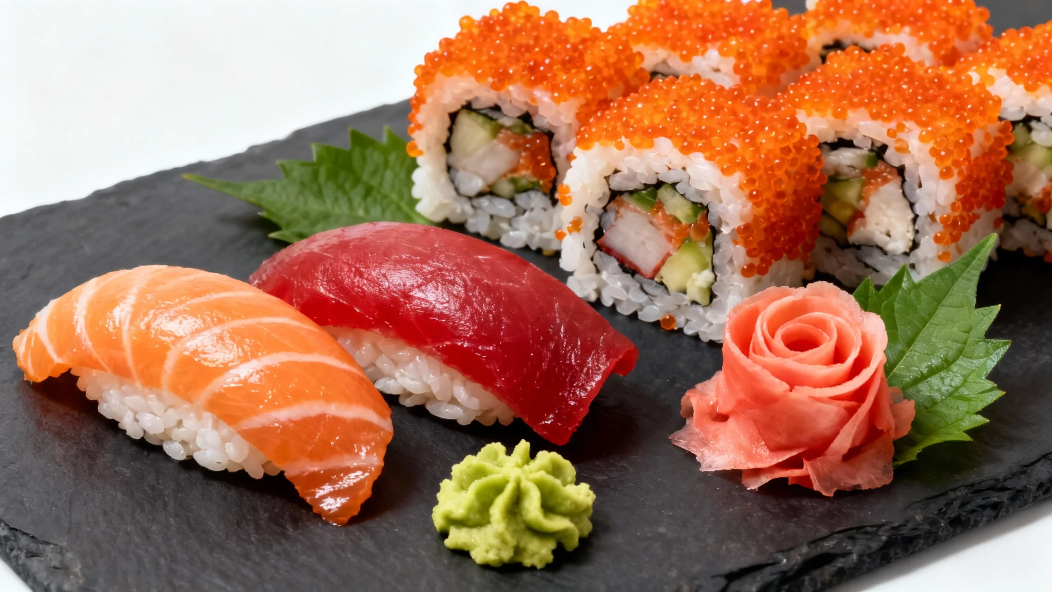 An elegant, close-up photo of a modern dark slate platter with a variety of fresh sushi, including salmon nigiri and tobiko-topped rolls, garnished with ginger and wasabi, set against a clean white background.