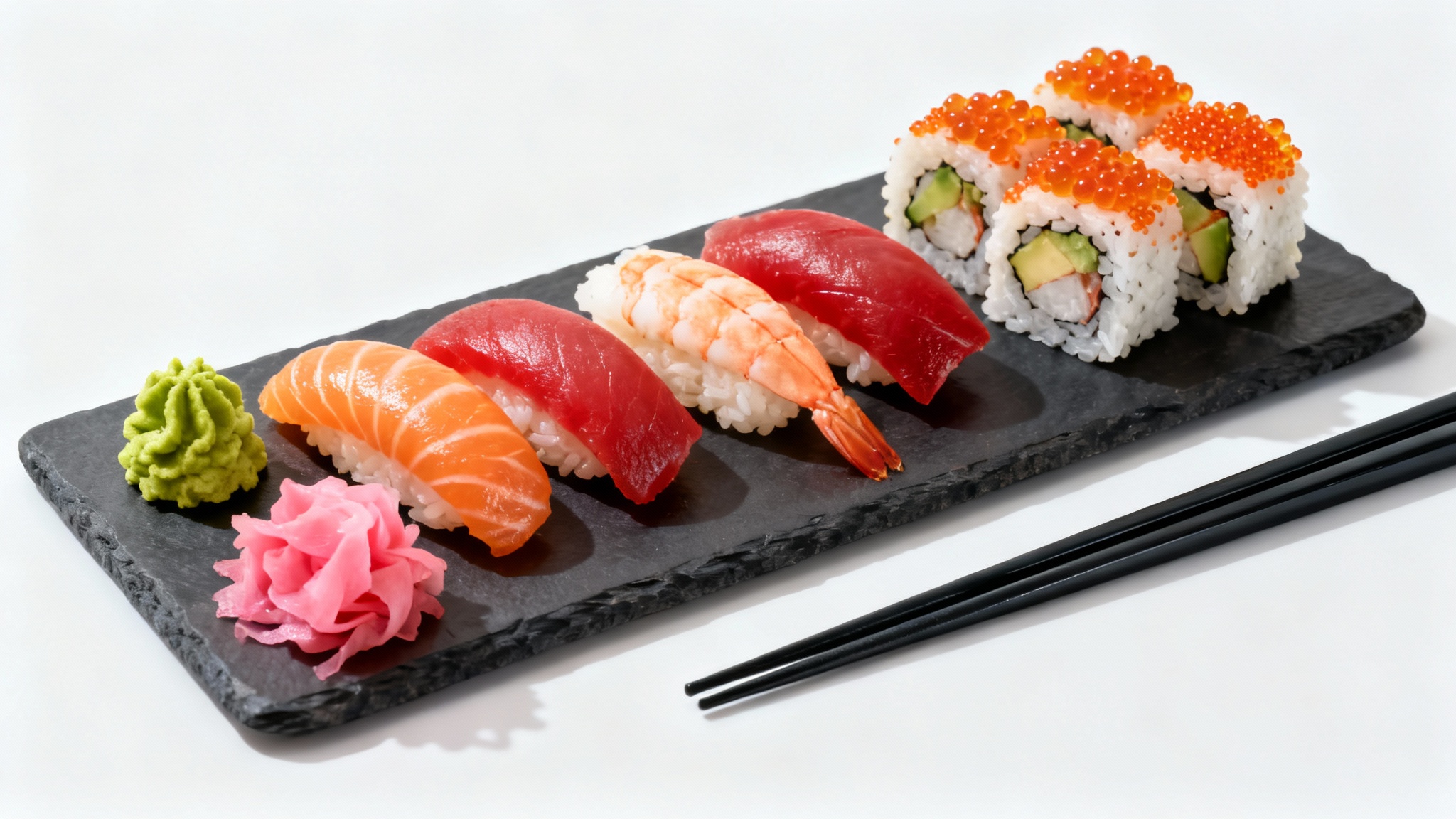 An artfully arranged platter of various fresh sushi, including nigiri and maki rolls, presented with wasabi, ginger, and chopsticks on a clean white background.