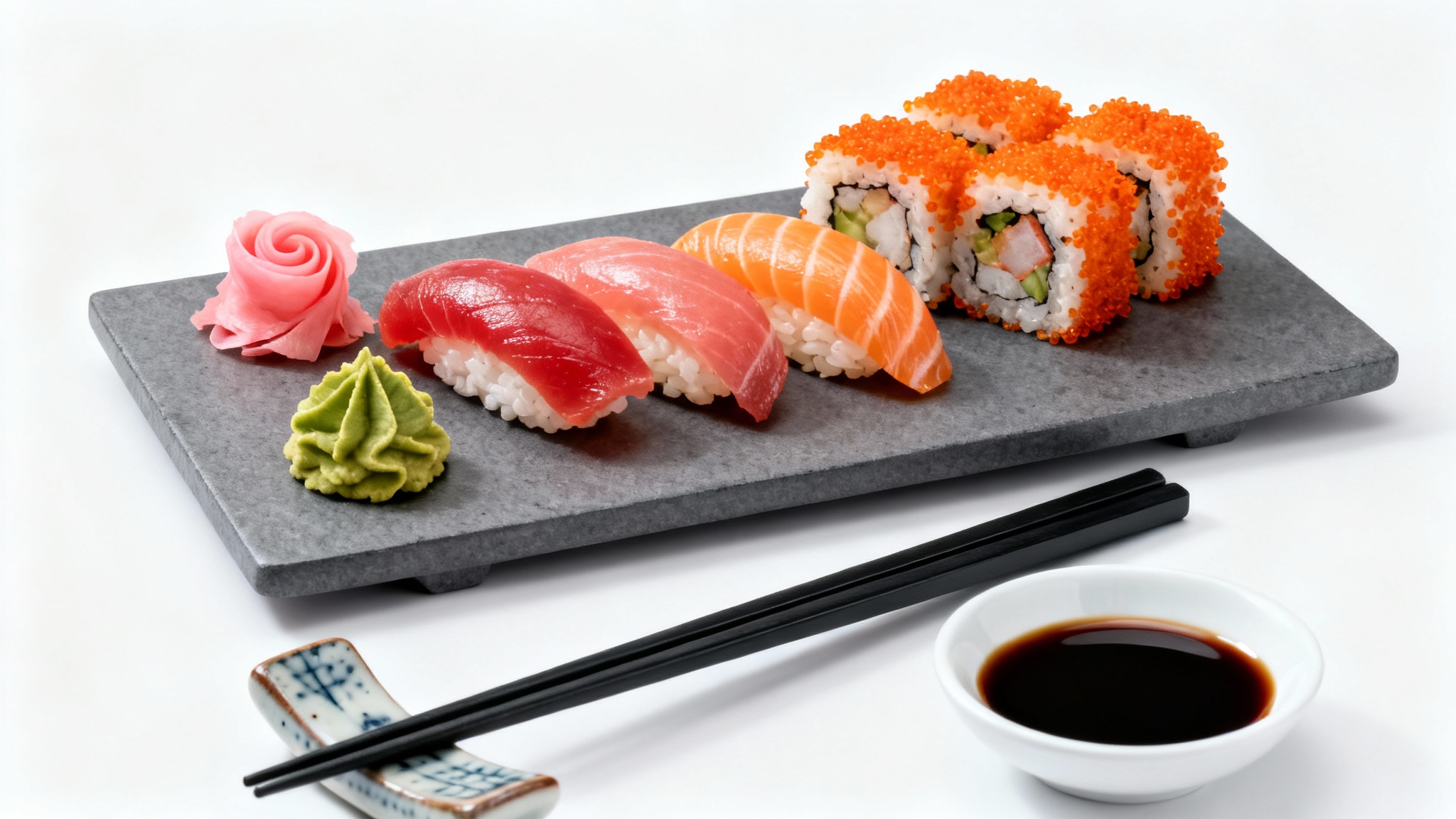 An artfully arranged platter of fresh sushi, including nigiri and maki rolls, served on a dark slate plate with wasabi, ginger, and chopsticks against a white background.