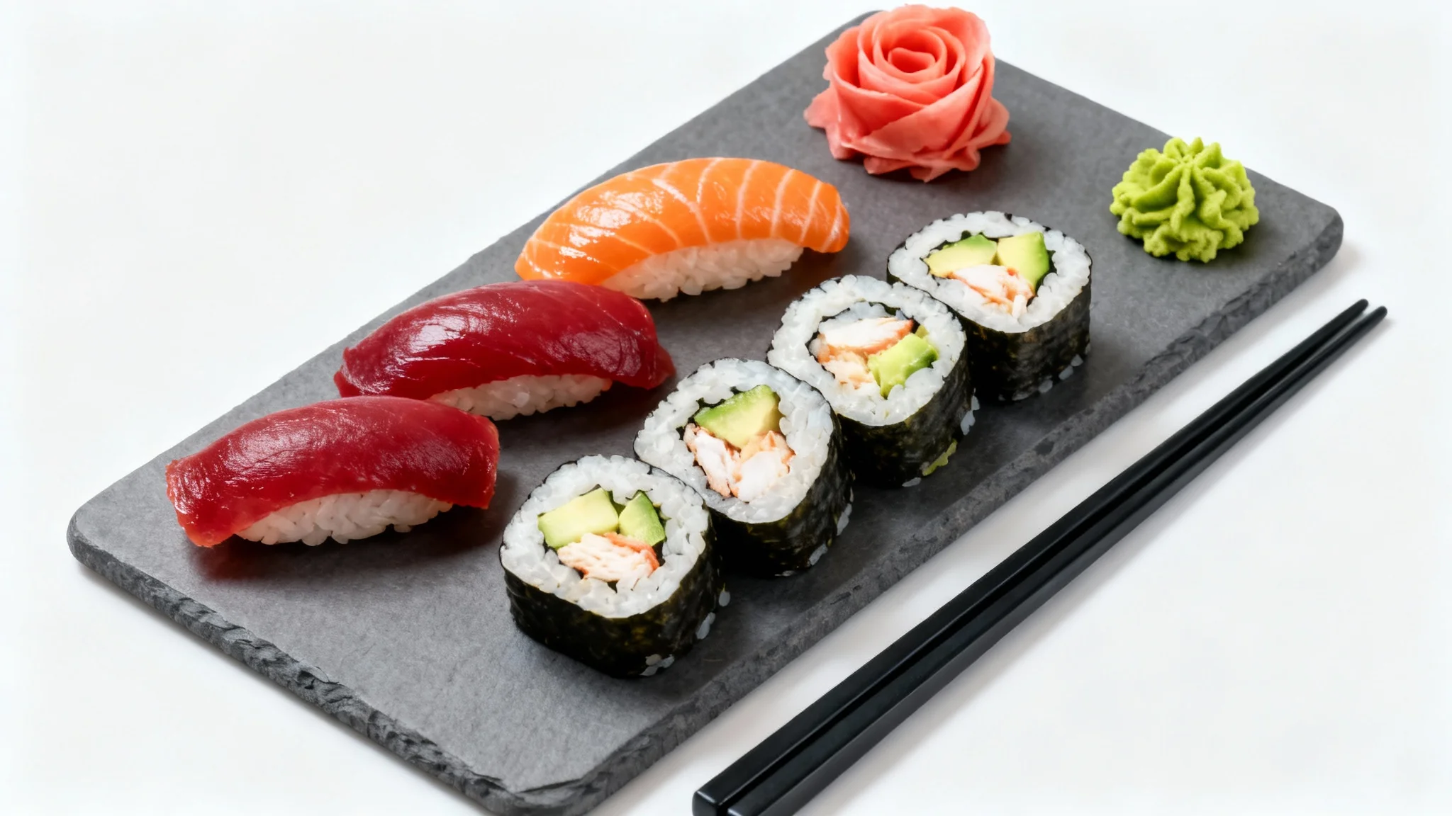An overhead shot of a modern slate platter with a variety of freshly made sushi, including salmon and tuna nigiri and maki rolls, accompanied by wasabi and ginger, on a clean white background.