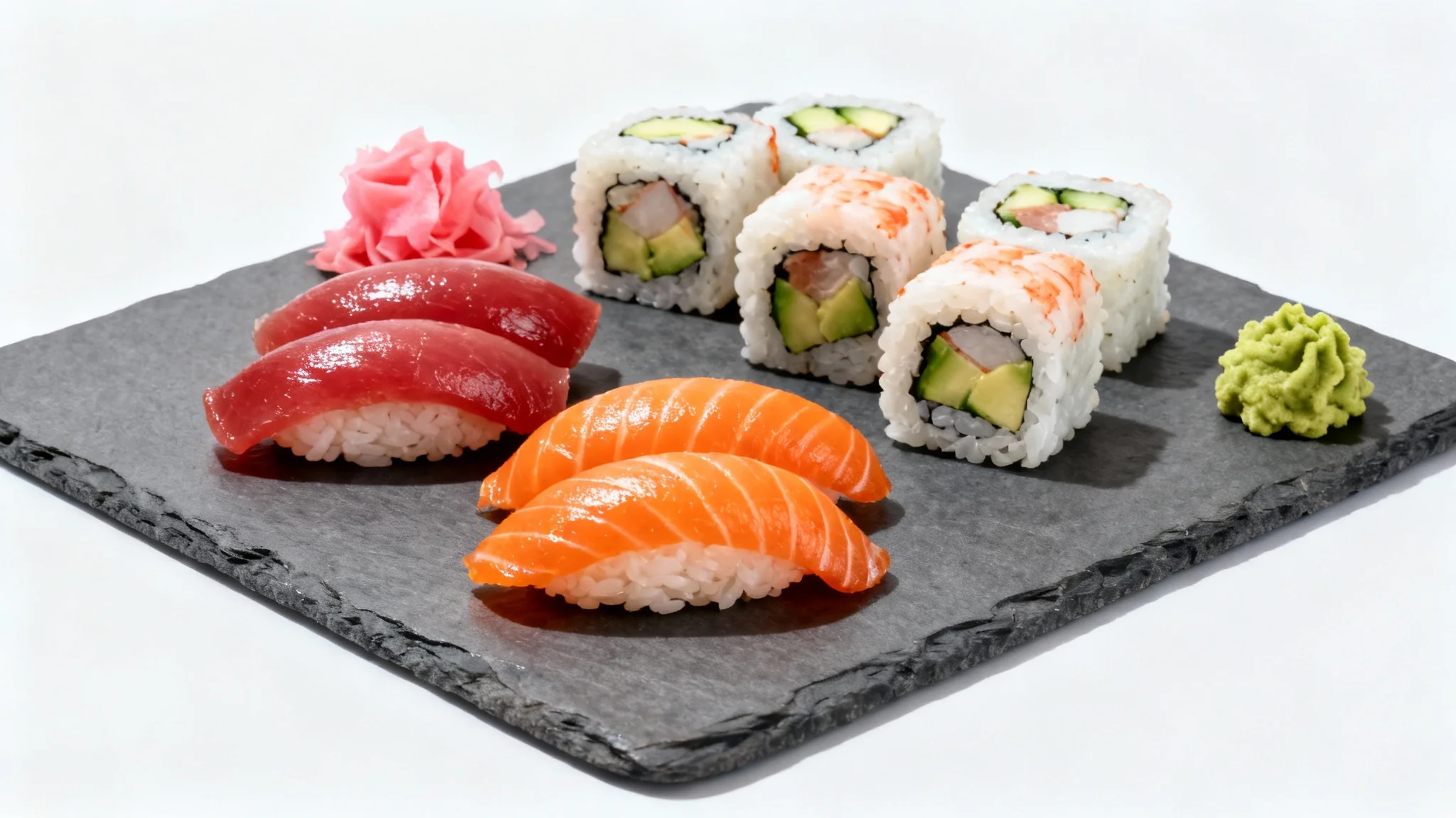 A close-up photograph of a beautifully arranged sushi platter featuring nigiri and California rolls, with wasabi and pickled ginger, set against a pristine white background.