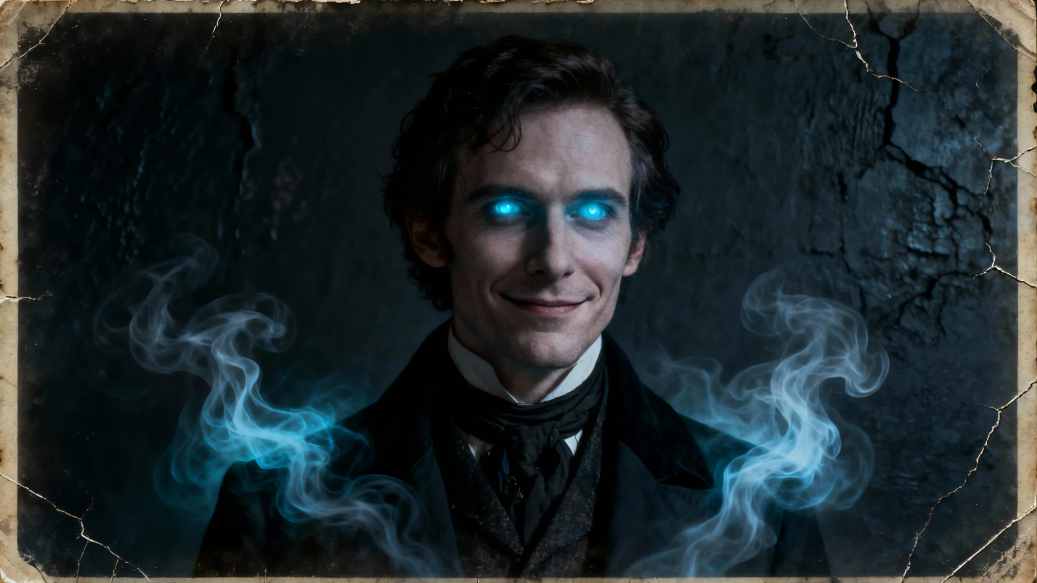 A finished example of a haunted portrait. A wide-screen, photorealistic image of a Victorian man whose eyes glow faintly blue, with spectral smoke rising from him, presented as a final designed image.