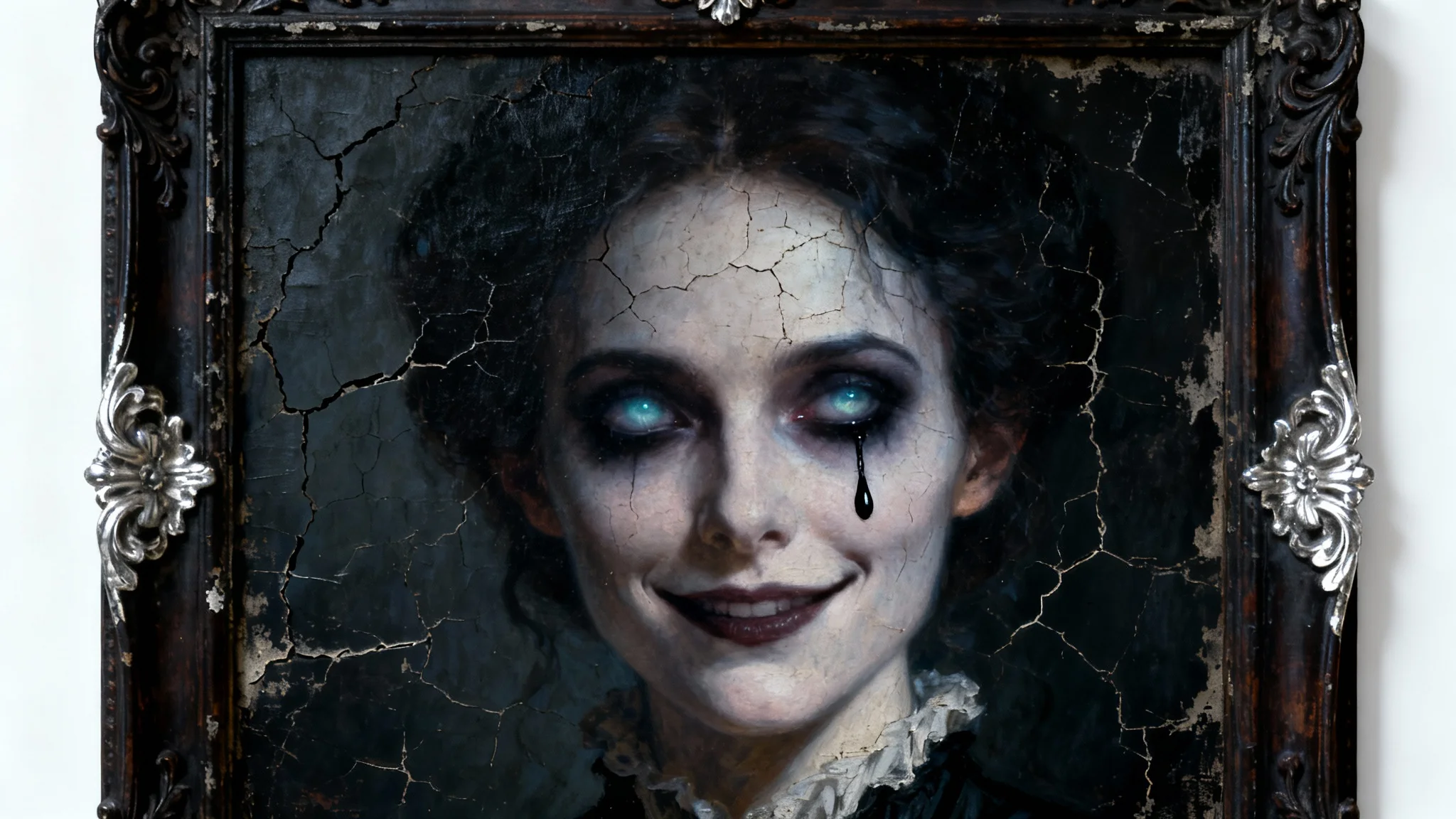 An ornate, framed oil portrait of a Victorian woman with an unsettling expression, displayed against a white background. The portrait appears haunted, with one glowing eye and a black tear on her cheek.