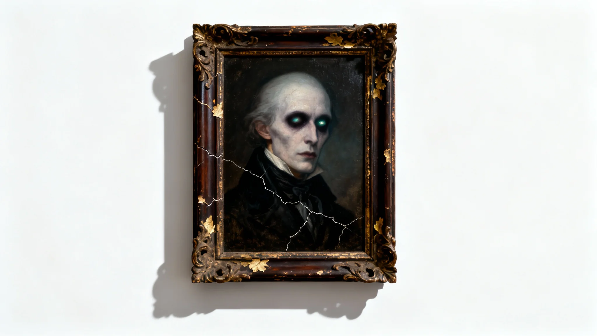 A haunted portrait of a 19th-century man in an ornate, dark wooden frame, set against a stark white background. The man's eyes appear to glow faintly.