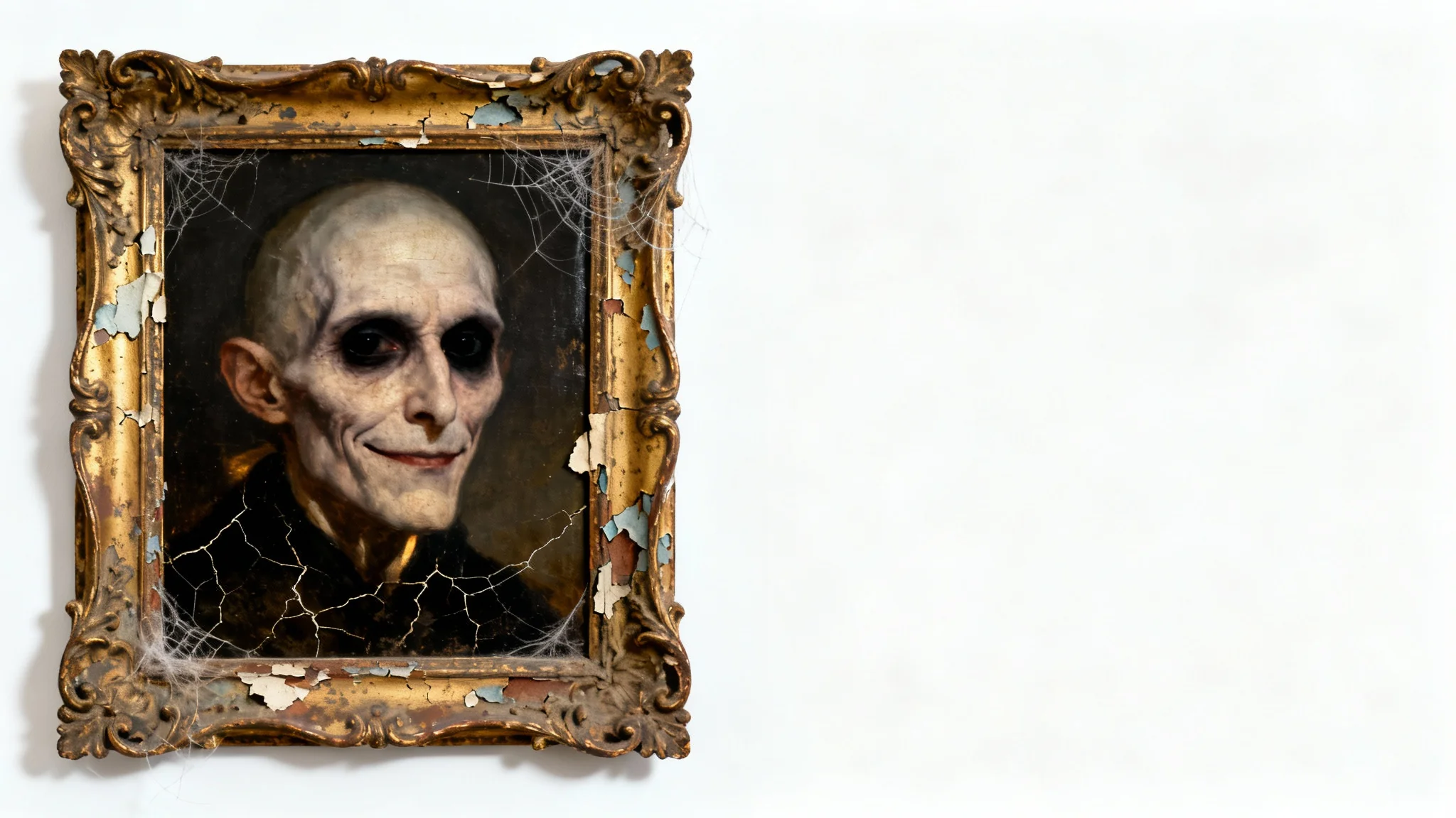 A hyper-realistic mockup of a haunted portrait in a decaying ornate frame, featuring a pale man with hollow black eyes, set against a clean white background.
