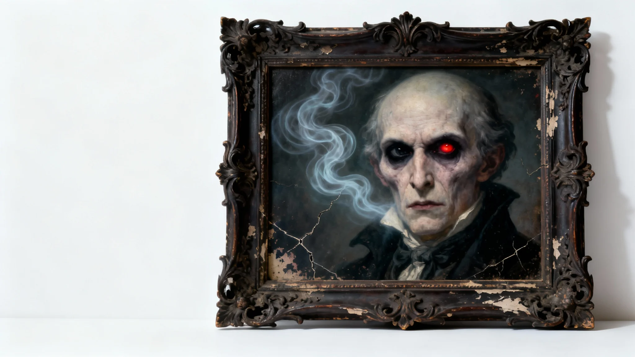 A photorealistic mockup of a haunted portrait in an ornate gothic frame, set against a white background. The painting depicts a pale, severe-looking man from the 19th century with one subtly glowing red eye.