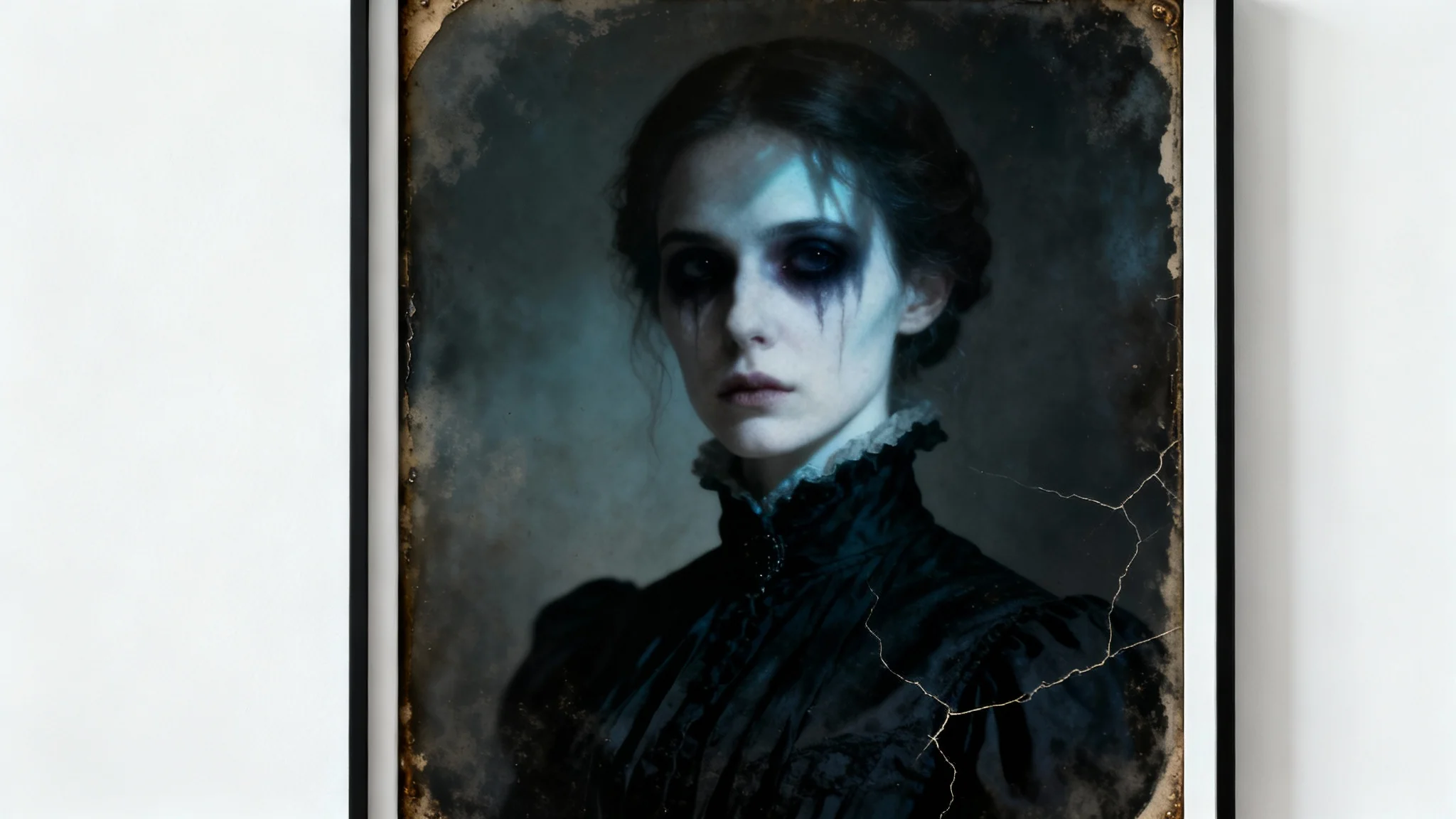A haunted Victorian-style portrait of a ghostly woman with hollow eyes, presented as a framed photorealistic mockup on a plain white background.