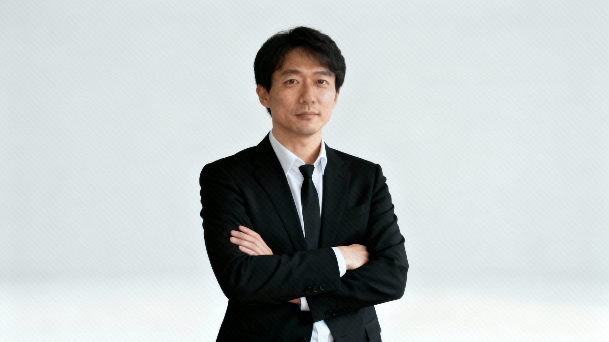 A professionally edited photograph of a man in a black suit, with the background changed from an office to a clean studio backdrop, demonstrating the result of a photo editor.