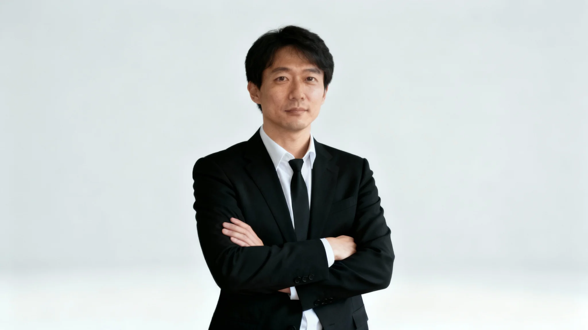 A professionally edited photograph of a man in a black suit, with the background changed from an office to a clean studio backdrop, demonstrating the result of a photo editor.