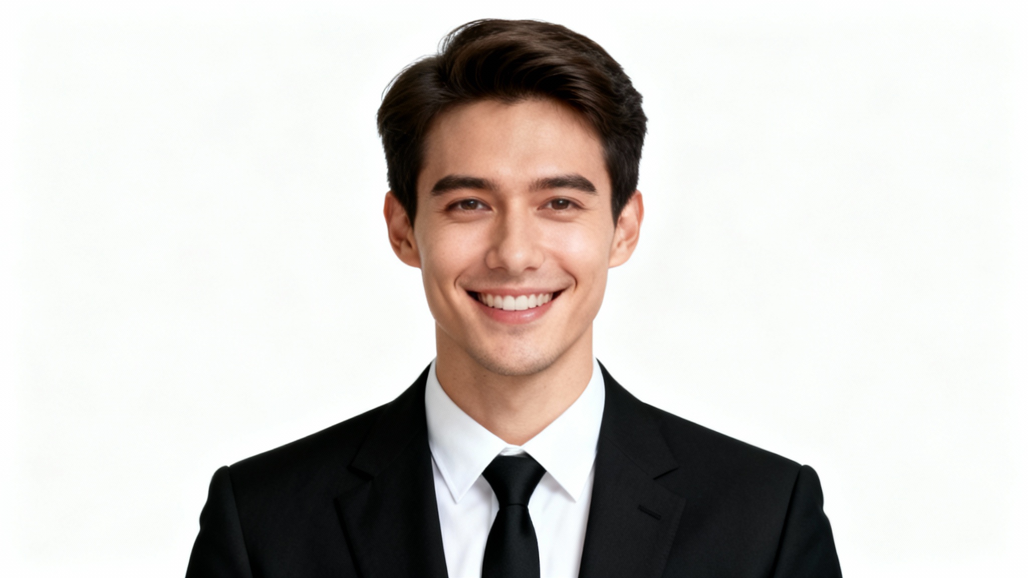A professional headshot of a smiling man wearing a sharp black suit and tie against a solid white background, illustrating a photo editing service.