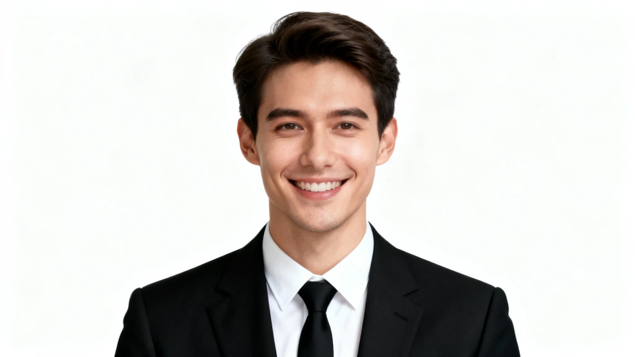 A professional headshot of a smiling man wearing a sharp black suit and tie against a solid white background, illustrating a photo editing service.