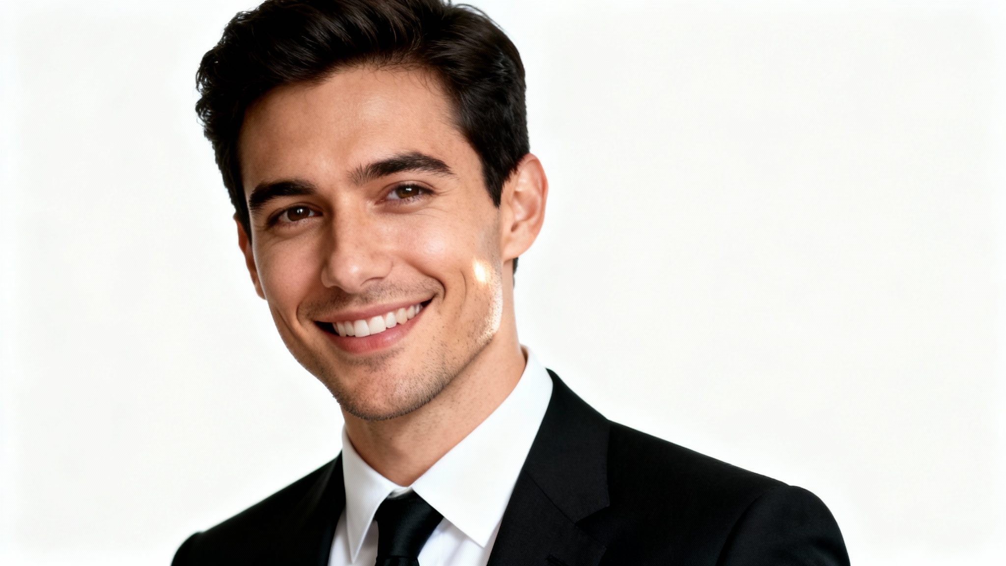 A professional, polished headshot of a smiling man in a sharp black suit and tie, set against a solid white background, illustrating a high-quality photo edit.