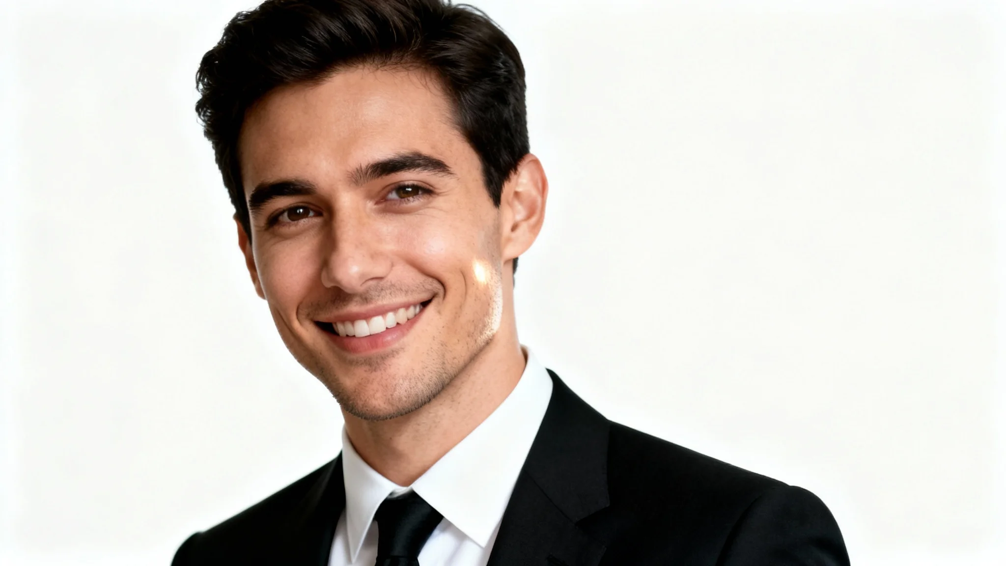 A professional, polished headshot of a smiling man in a sharp black suit and tie, set against a solid white background, illustrating a high-quality photo edit.