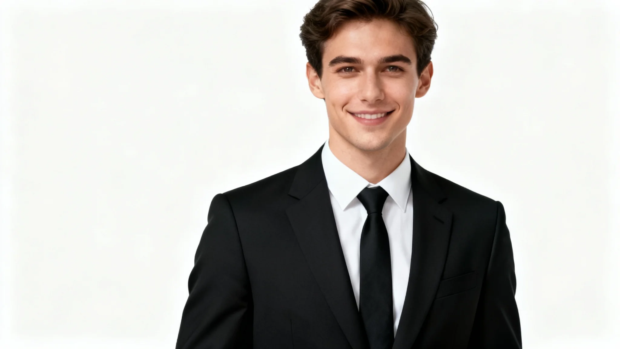 A professional mockup image showing a handsome man in a perfectly fitted black suit and tie, smiling confidently against a solid white background, representing a high-quality photo edit.