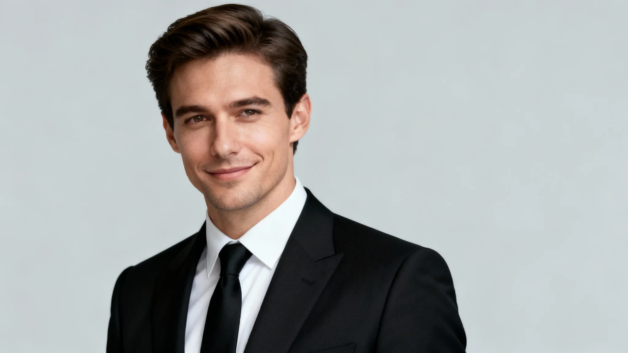 A professionally edited headshot of a smiling man wearing a sharp black suit and tie against a clean, light grey background, looking confident and successful.