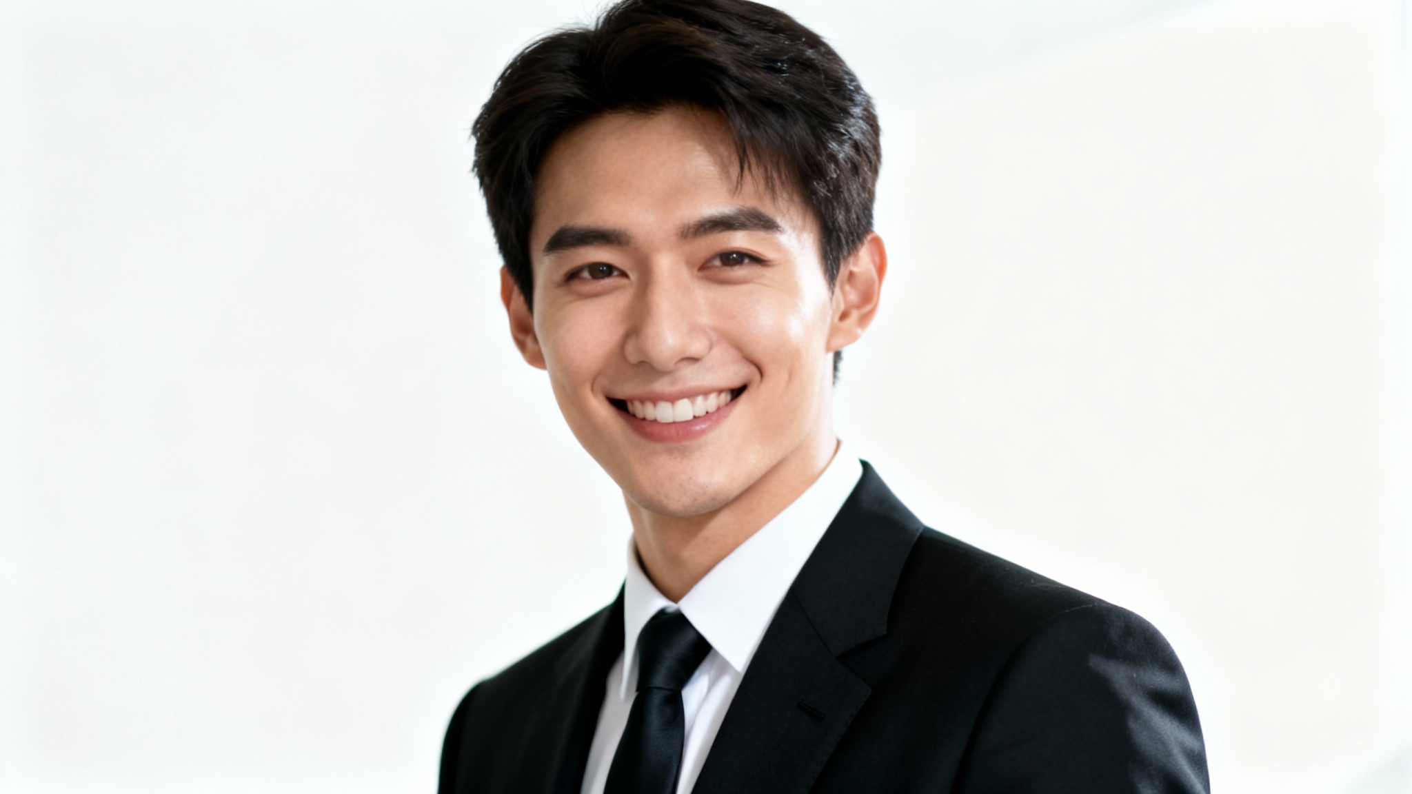 A professional headshot of a smiling man wearing a perfectly fitted black suit and tie against a plain white background, representing a photo edited with a suit.