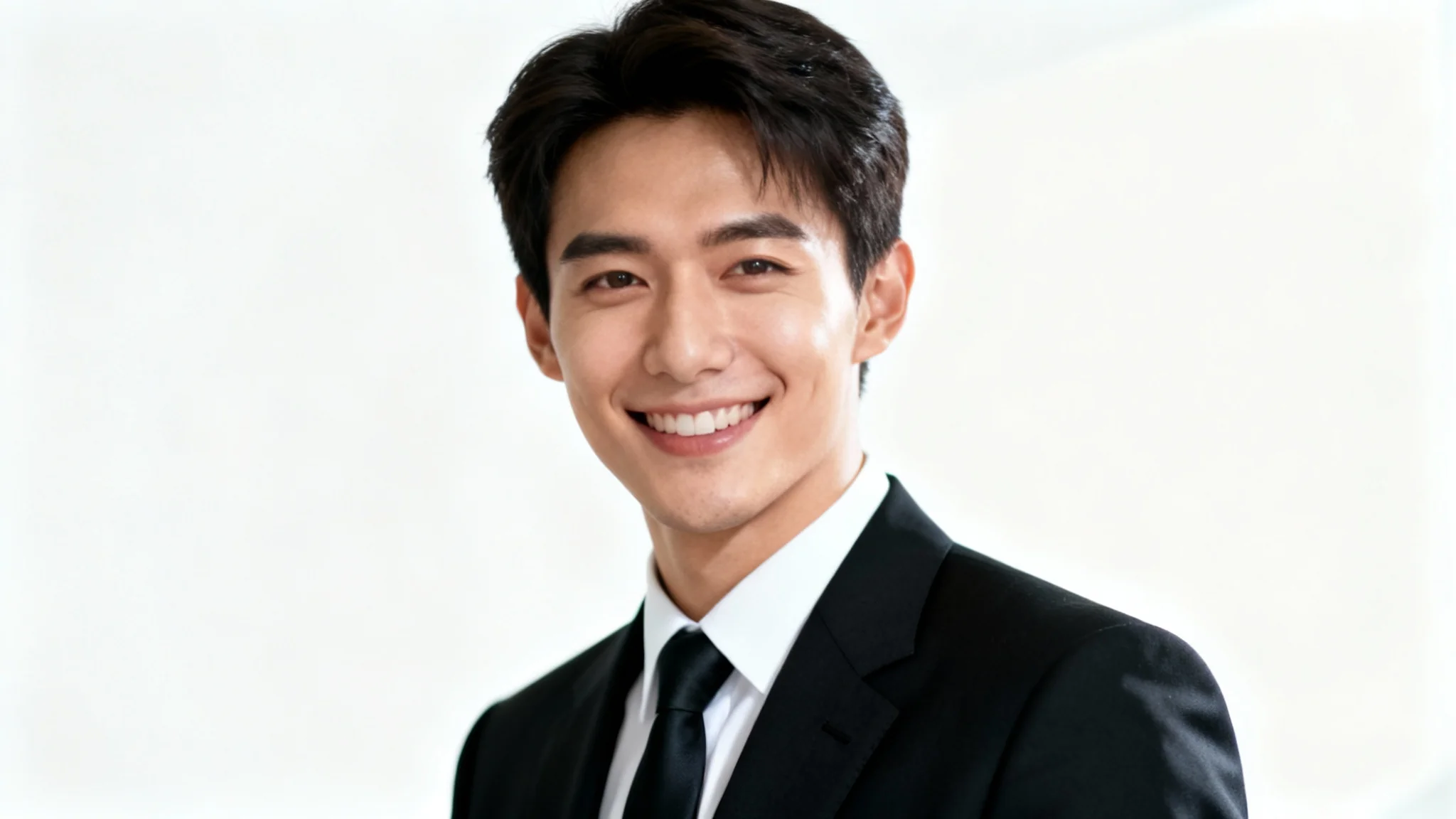 A professional headshot of a smiling man wearing a perfectly fitted black suit and tie against a plain white background, representing a photo edited with a suit.