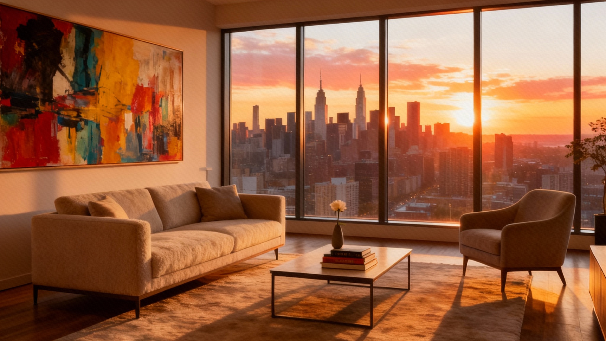 A photorealistic final design of a modern penthouse living room at sunset, featuring sleek furniture, floor-to-ceiling windows with a city view, and vibrant art.