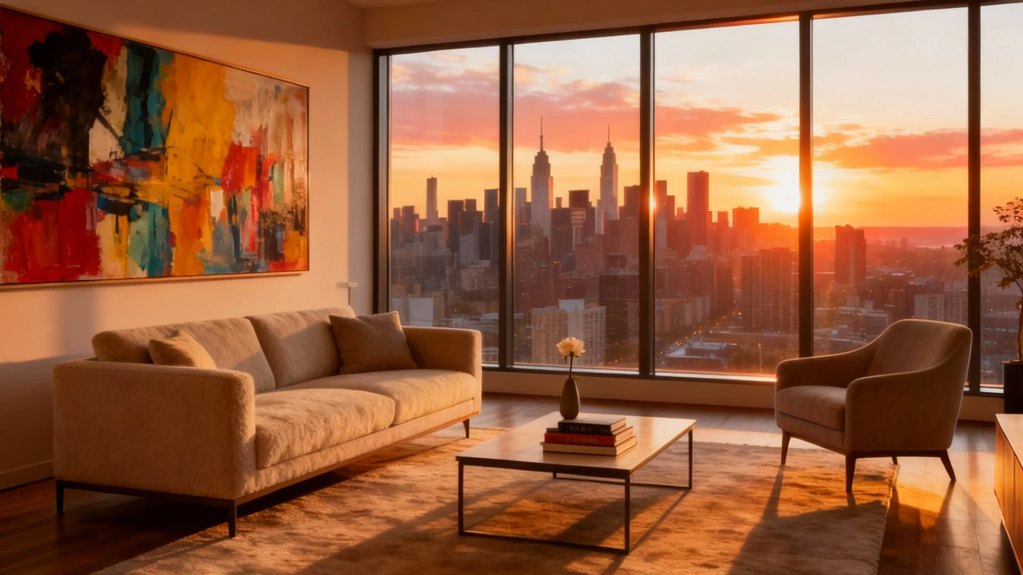 A photorealistic final design of a modern penthouse living room at sunset, featuring sleek furniture, floor-to-ceiling windows with a city view, and vibrant art.