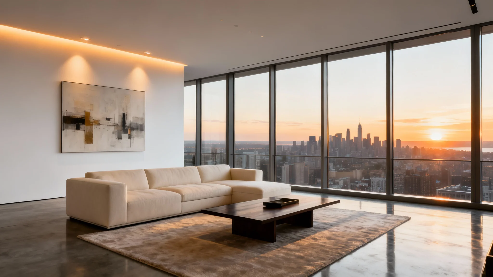 A photograph of a luxurious modern penthouse living room at sunset, featuring a spacious open-plan design, minimalist furniture, and floor-to-ceiling windows with a panoramic city view.