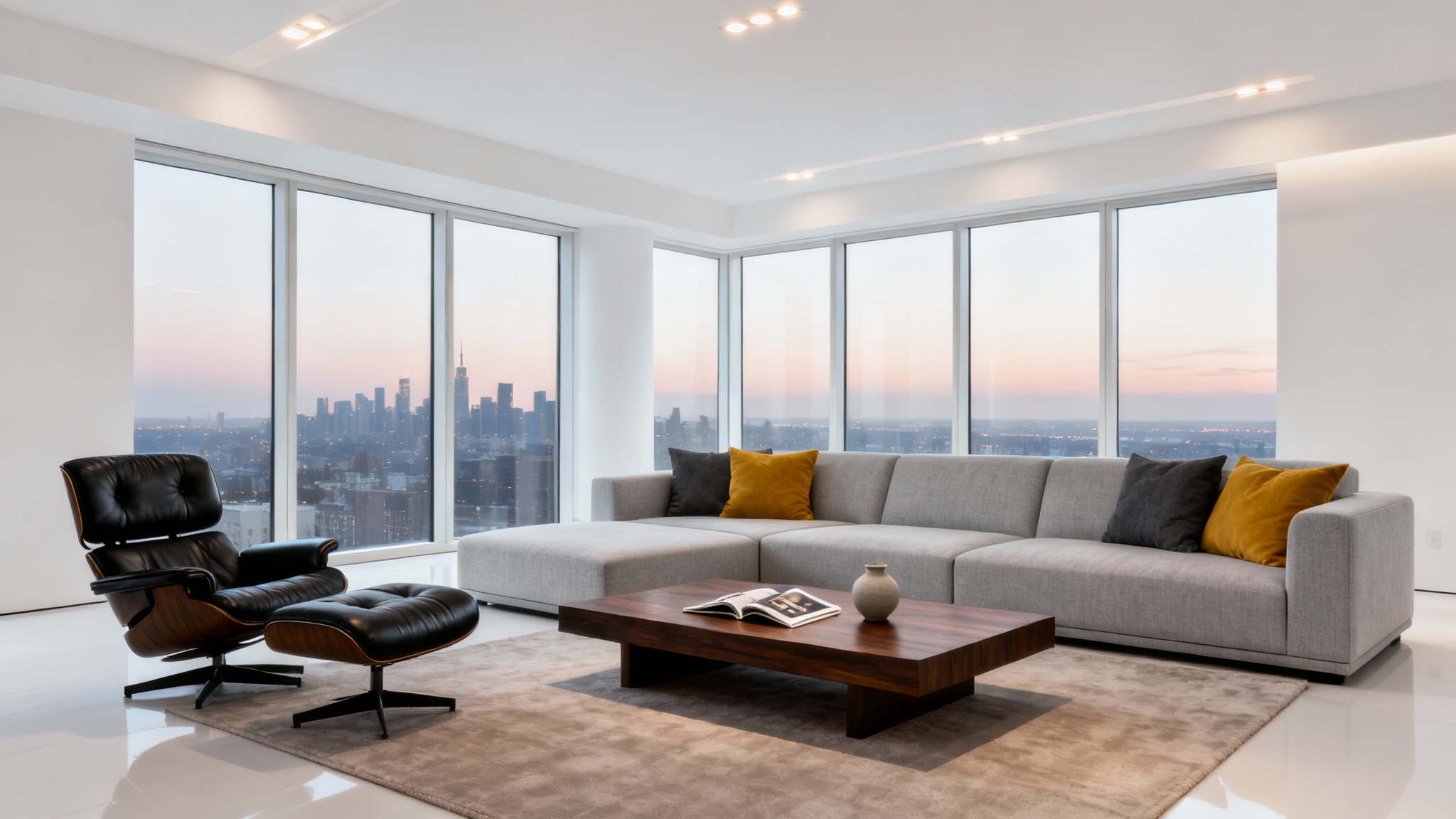 A stunning, modern penthouse living room with minimalist furniture, including a grey sofa and black lounge chair, set against a white background with a large window showing a city view at dusk.