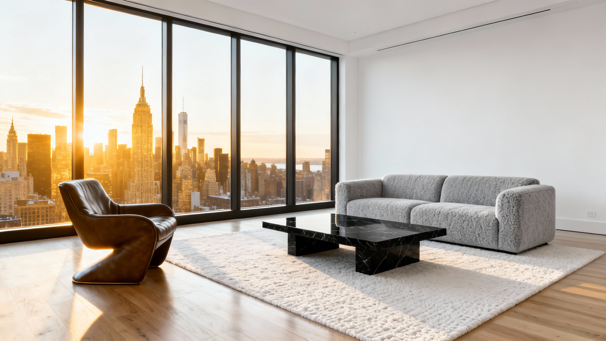 A luxurious and modern penthouse living room with floor-to-ceiling windows offering a panoramic view of a city skyline at sunset. The room is decorated with minimalist, high-end furniture in a neutral color palette.