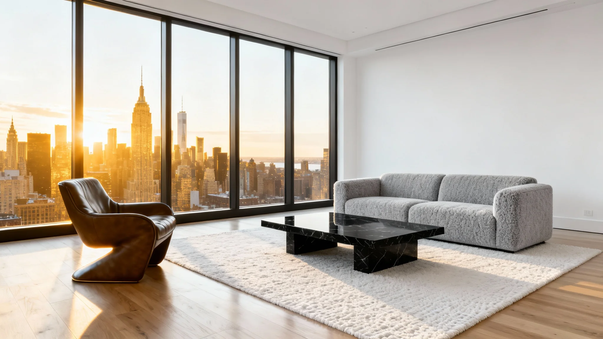 A luxurious and modern penthouse living room with floor-to-ceiling windows offering a panoramic view of a city skyline at sunset. The room is decorated with minimalist, high-end furniture in a neutral color palette.