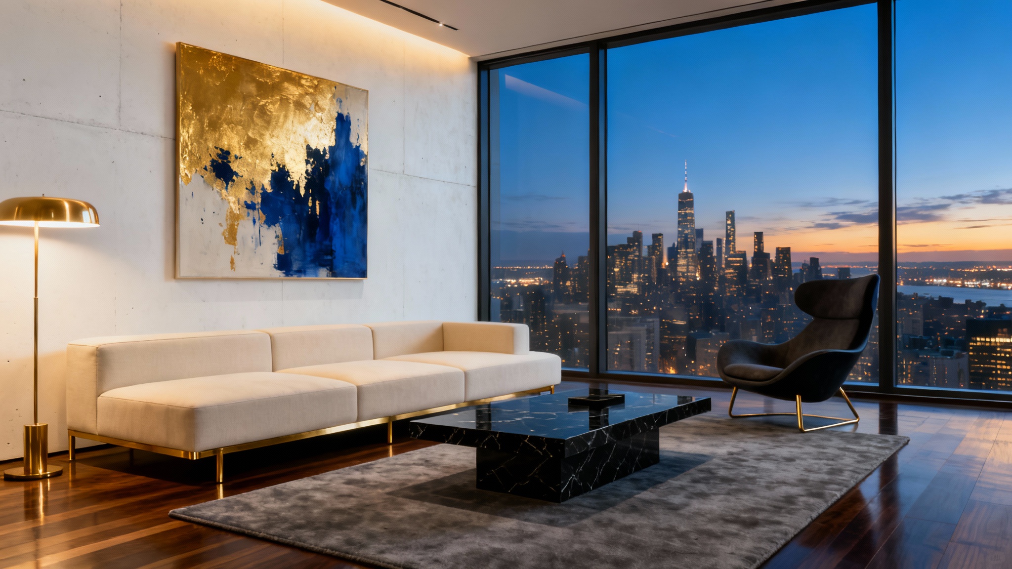 A photorealistic image of a luxurious modern penthouse living room at dusk, featuring designer furniture, abstract art, and a stunning floor-to-ceiling view of the city skyline.