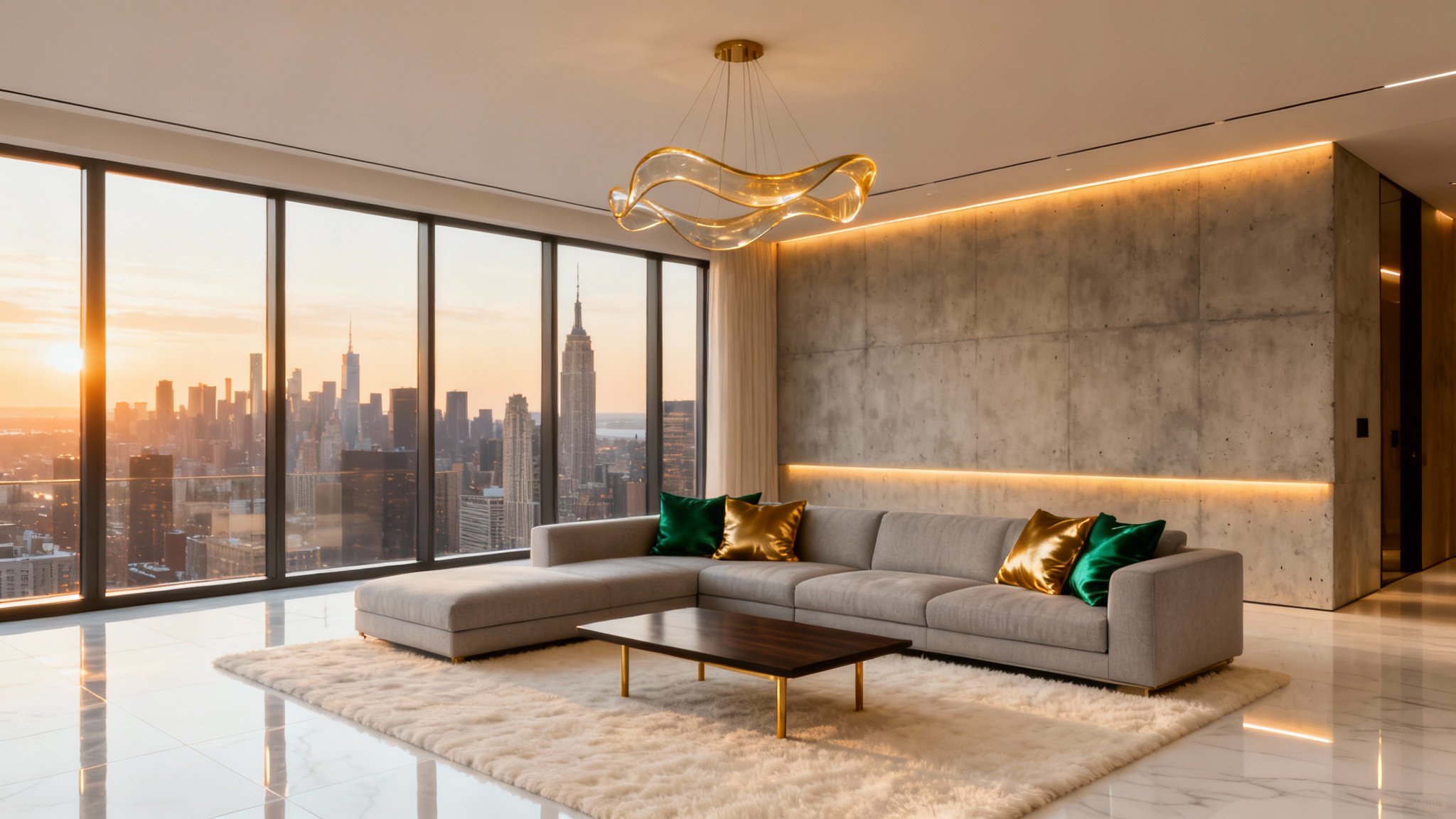 A luxurious and modern penthouse living room with a large grey sofa, marble floors, and floor-to-ceiling windows that provide a stunning panoramic view of a city at sunset.