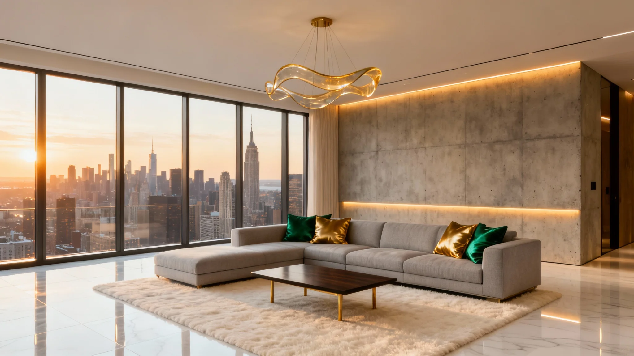 A luxurious and modern penthouse living room with a large grey sofa, marble floors, and floor-to-ceiling windows that provide a stunning panoramic view of a city at sunset.