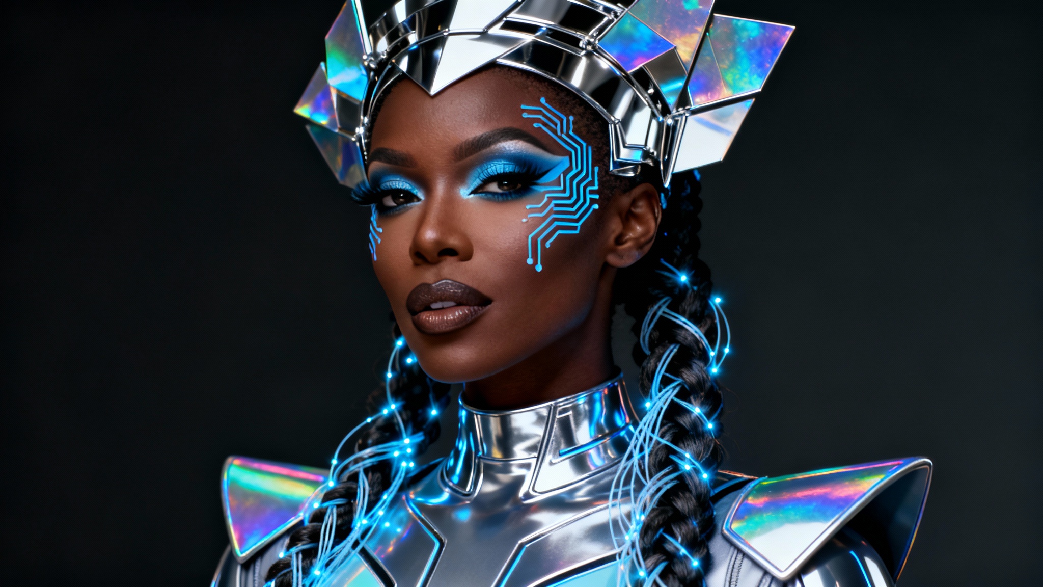 An AI-generated hero image of a breathtaking afrofuturistic drag queen, featuring glowing cybernetic makeup, a complex chrome headpiece, and a sleek futuristic outfit against a minimalist dark background.