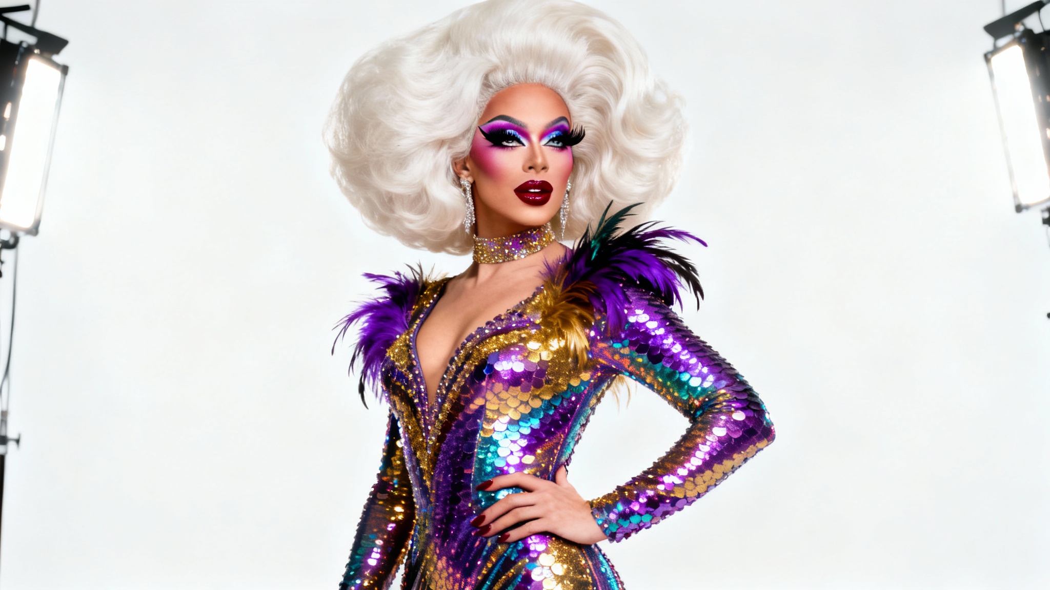 A photograph of a glamorous drag queen with a huge blonde wig, dramatic makeup, and a sparkling sequin gown, posing confidently against a plain white background.