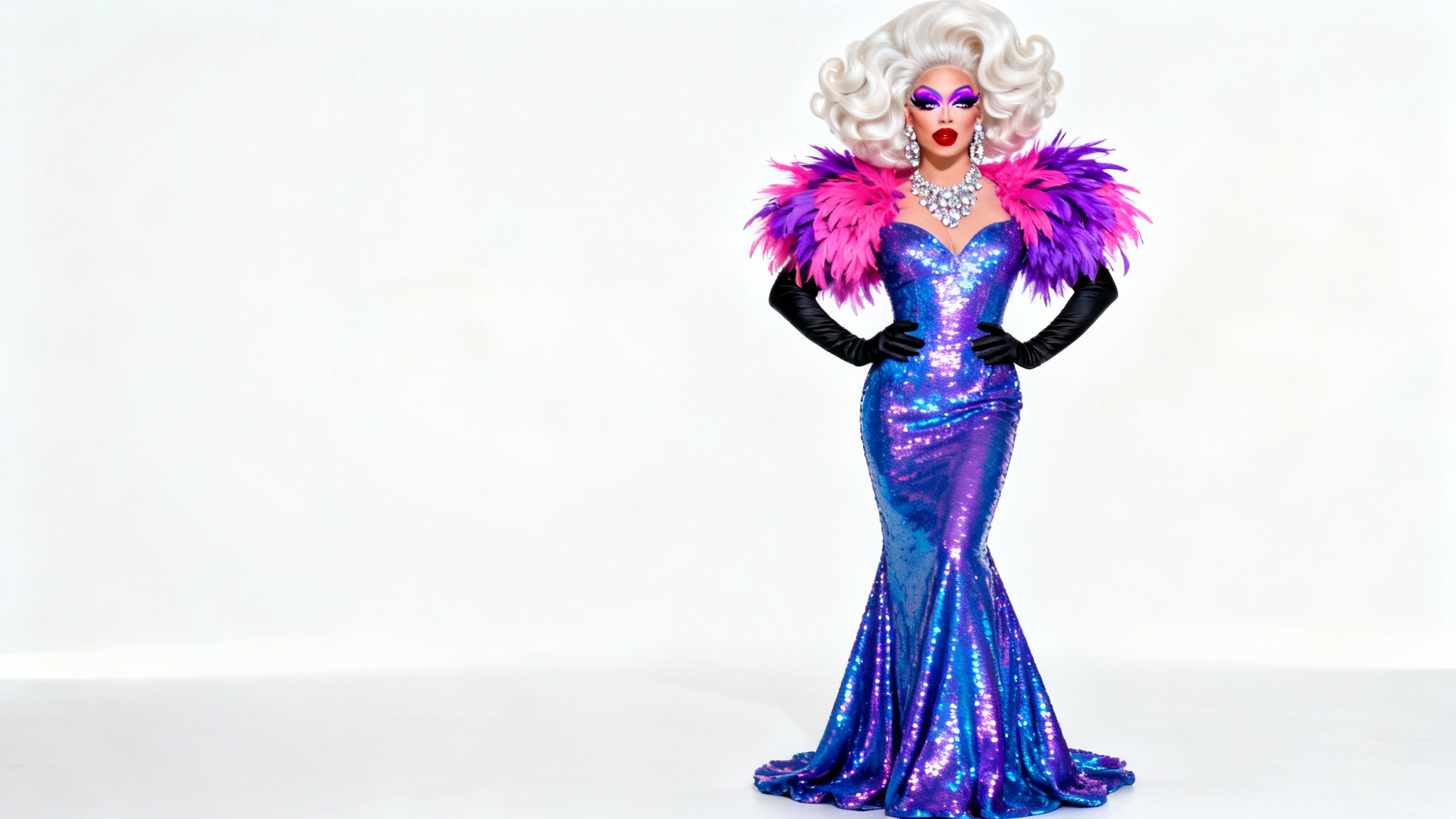 A full-body photograph of a glamorous drag queen posing fiercely in a sequined blue and purple gown with pink feather shoulders against a plain white background.