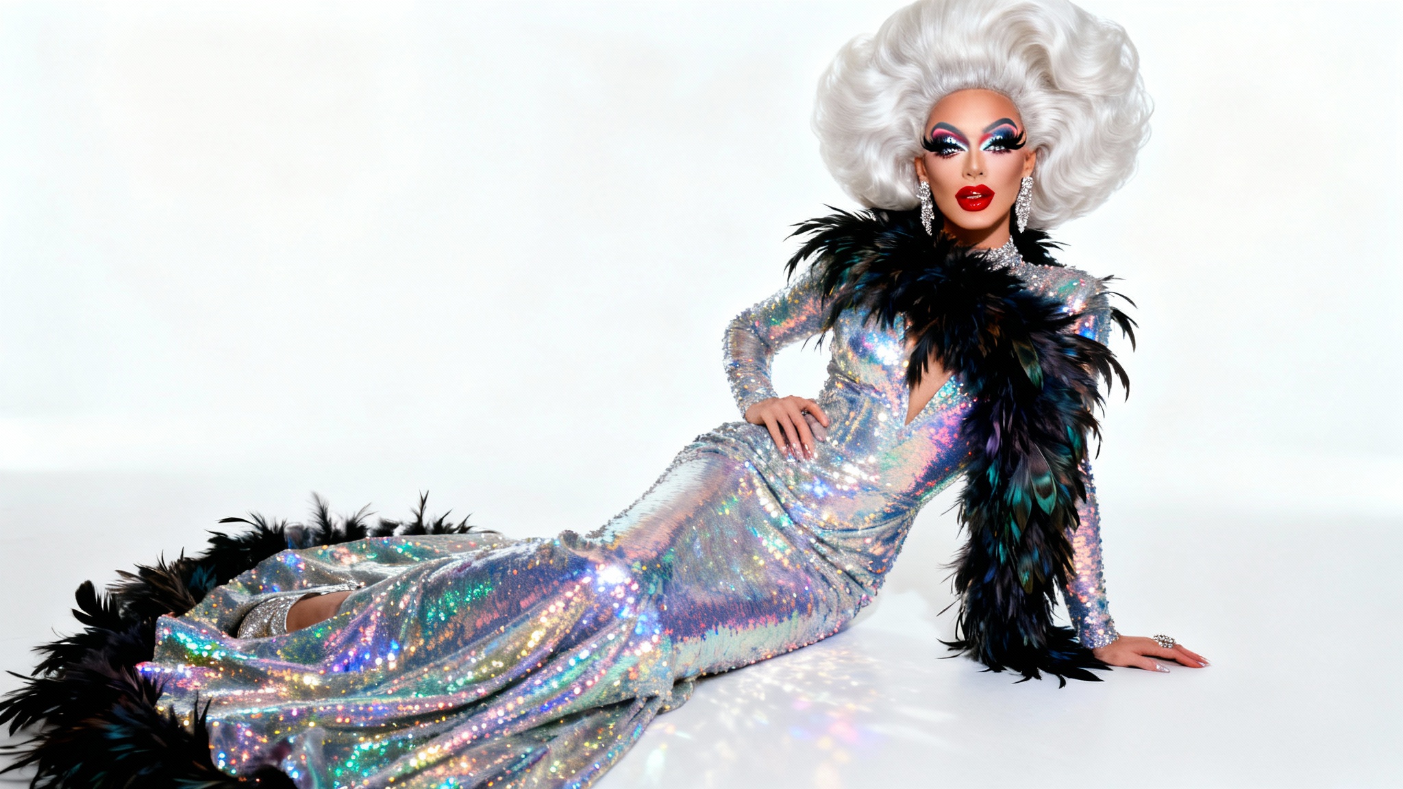 A full-body studio photograph of a fierce drag queen in a glamorous, sequined gown and a large platinum blonde wig, posing against a plain white background.