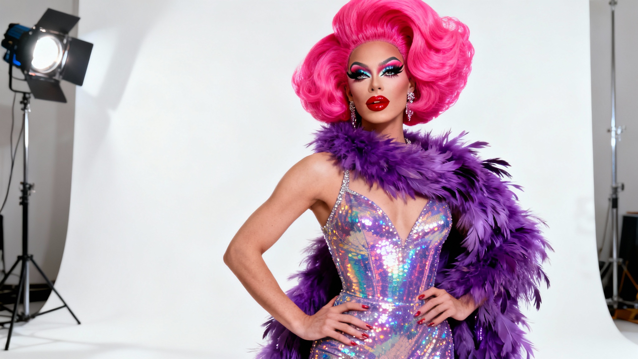 A hyper-realistic full-body portrait of a fierce drag queen in a sequined gown and a massive neon pink wig, posing confidently against a plain white background.