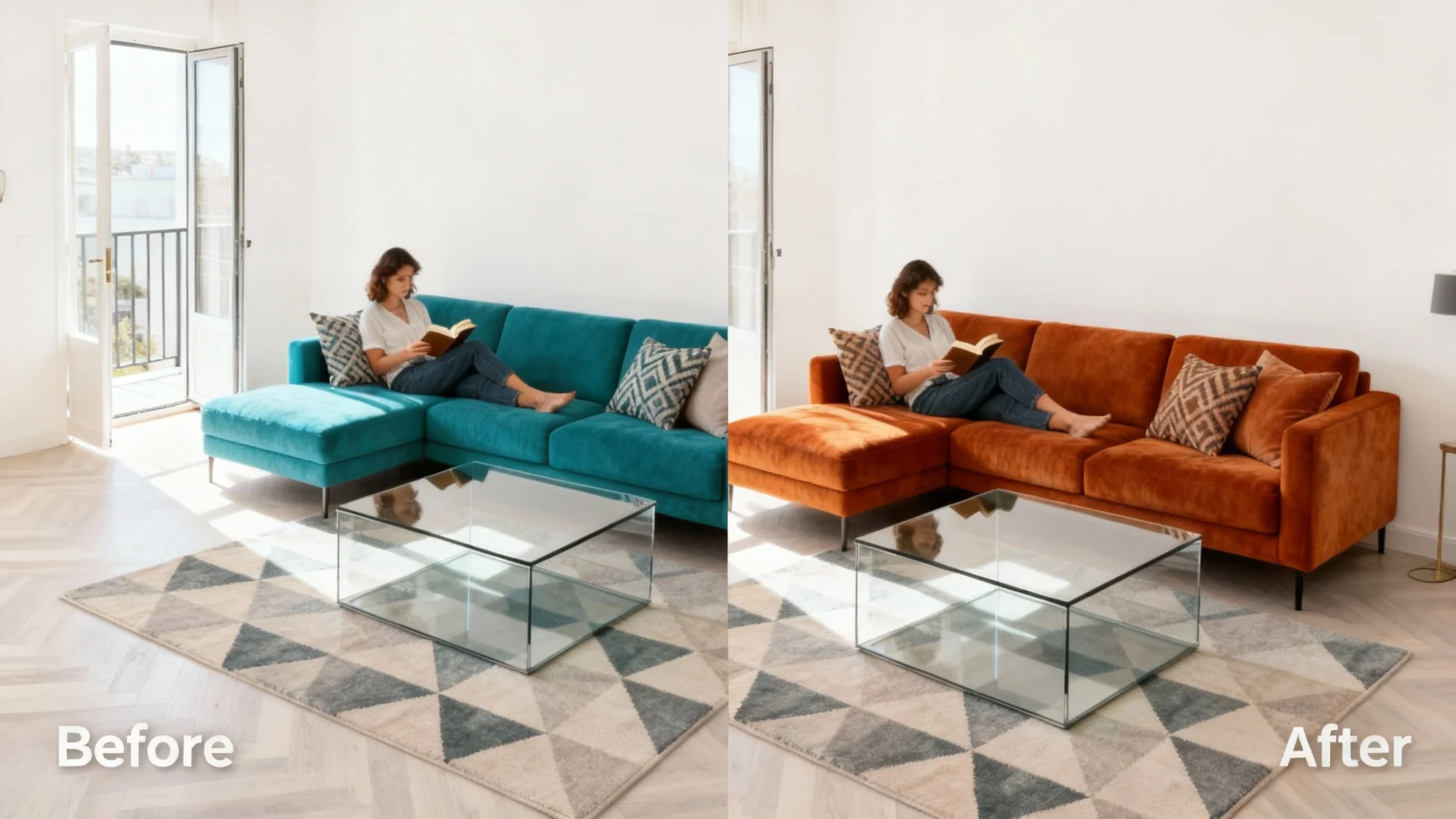 A split-screen comparison image demonstrating a sofa color change. On the left, a woman relaxes on a vibrant teal sofa in a modern living room. On the right, the same scene is shown, but the sofa is now a warm burnt orange color.