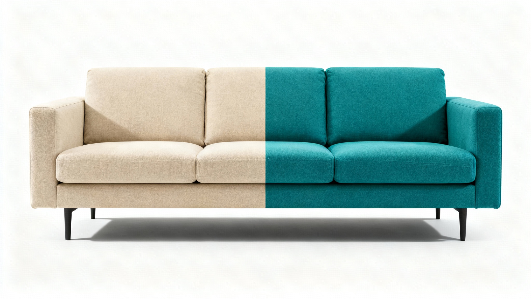 A photorealistic image of a modern sofa split into two colors, half neutral beige and half vibrant teal, isolated on a white background.