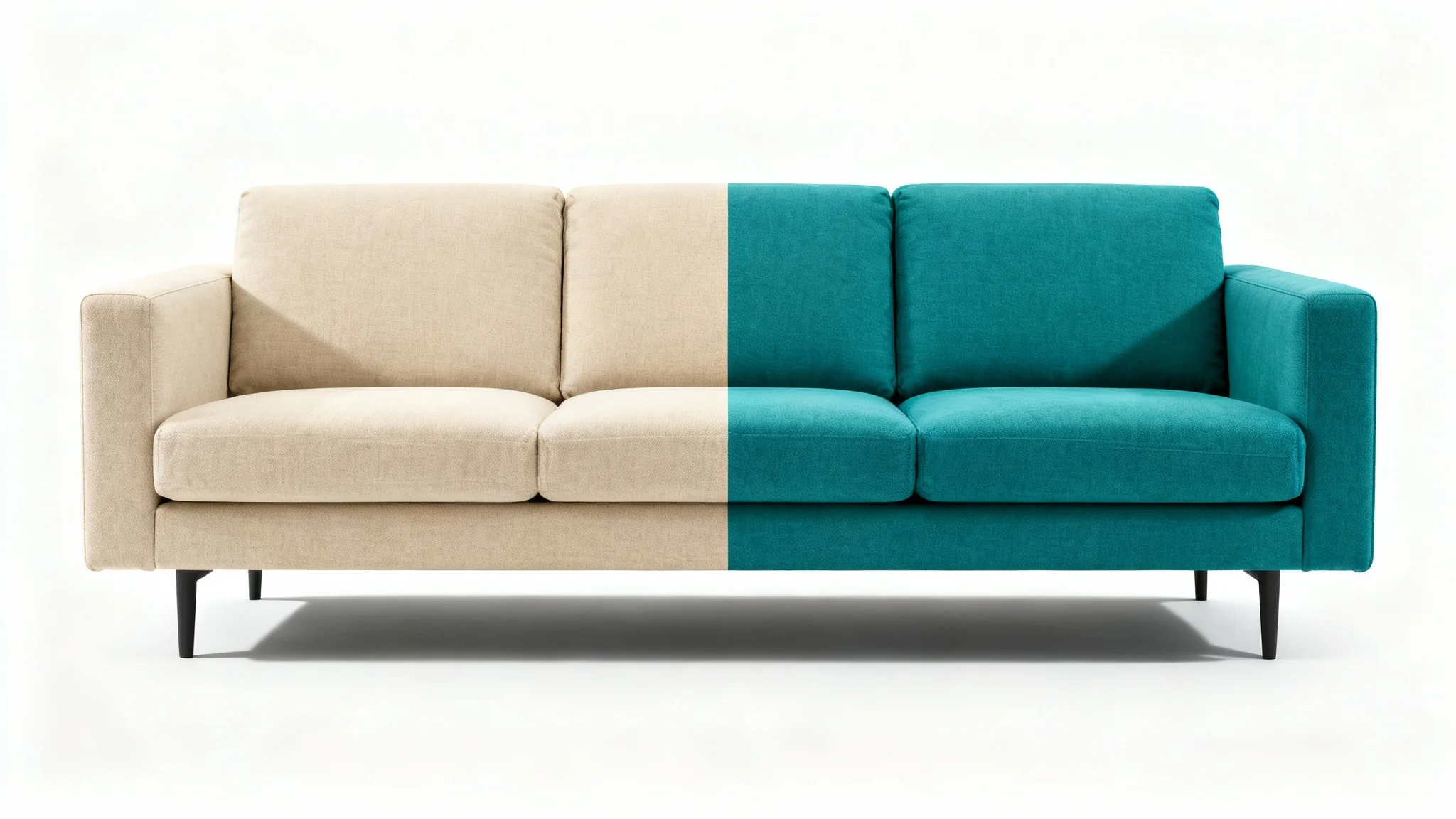 A photorealistic image of a modern sofa split into two colors, half neutral beige and half vibrant teal, isolated on a white background.