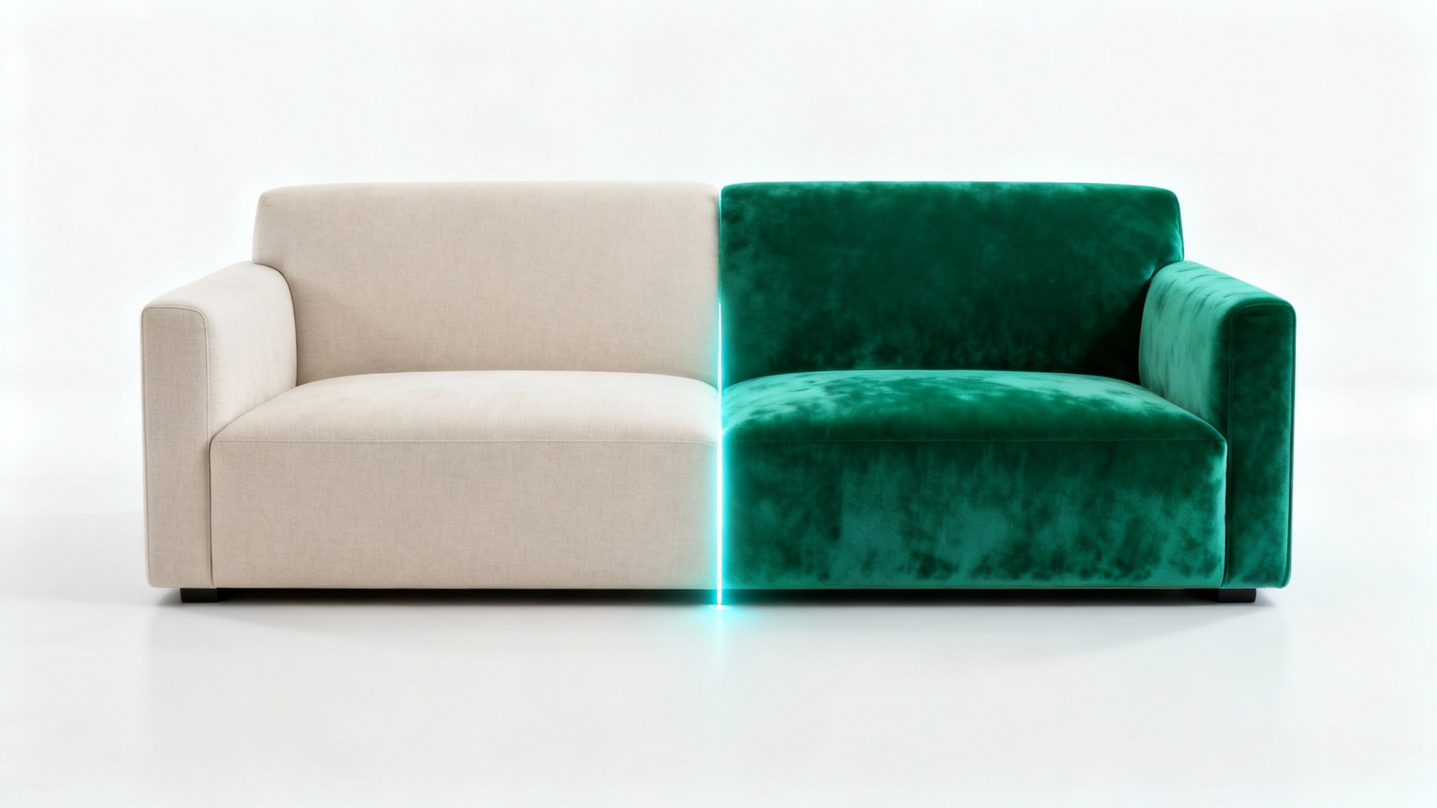 A modern sofa on a white background, split into two colors - neutral beige on one side and vibrant emerald green on the other - to demonstrate a color-changing feature.