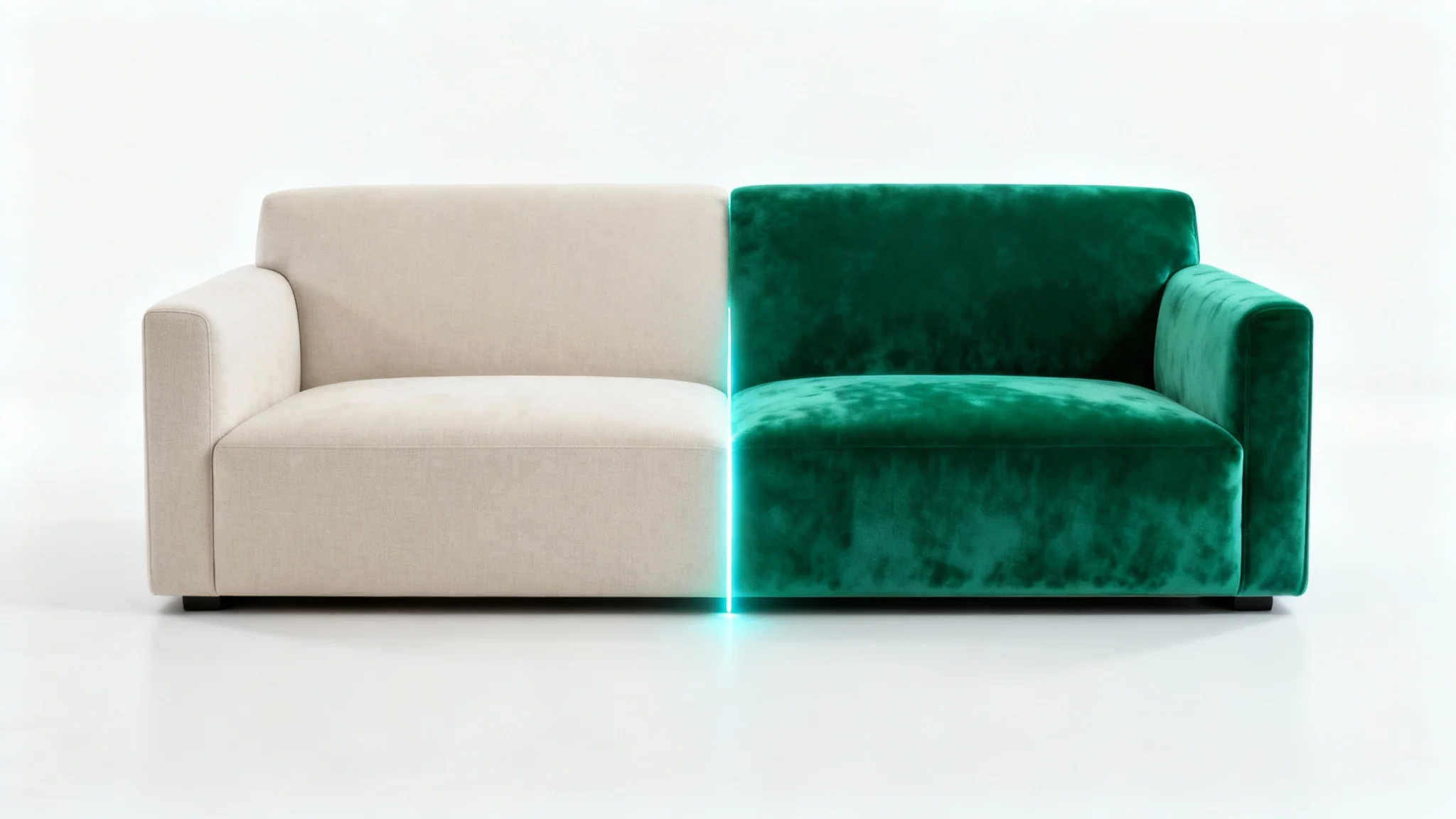 A modern sofa on a white background, split into two colors - neutral beige on one side and vibrant emerald green on the other - to demonstrate a color-changing feature.